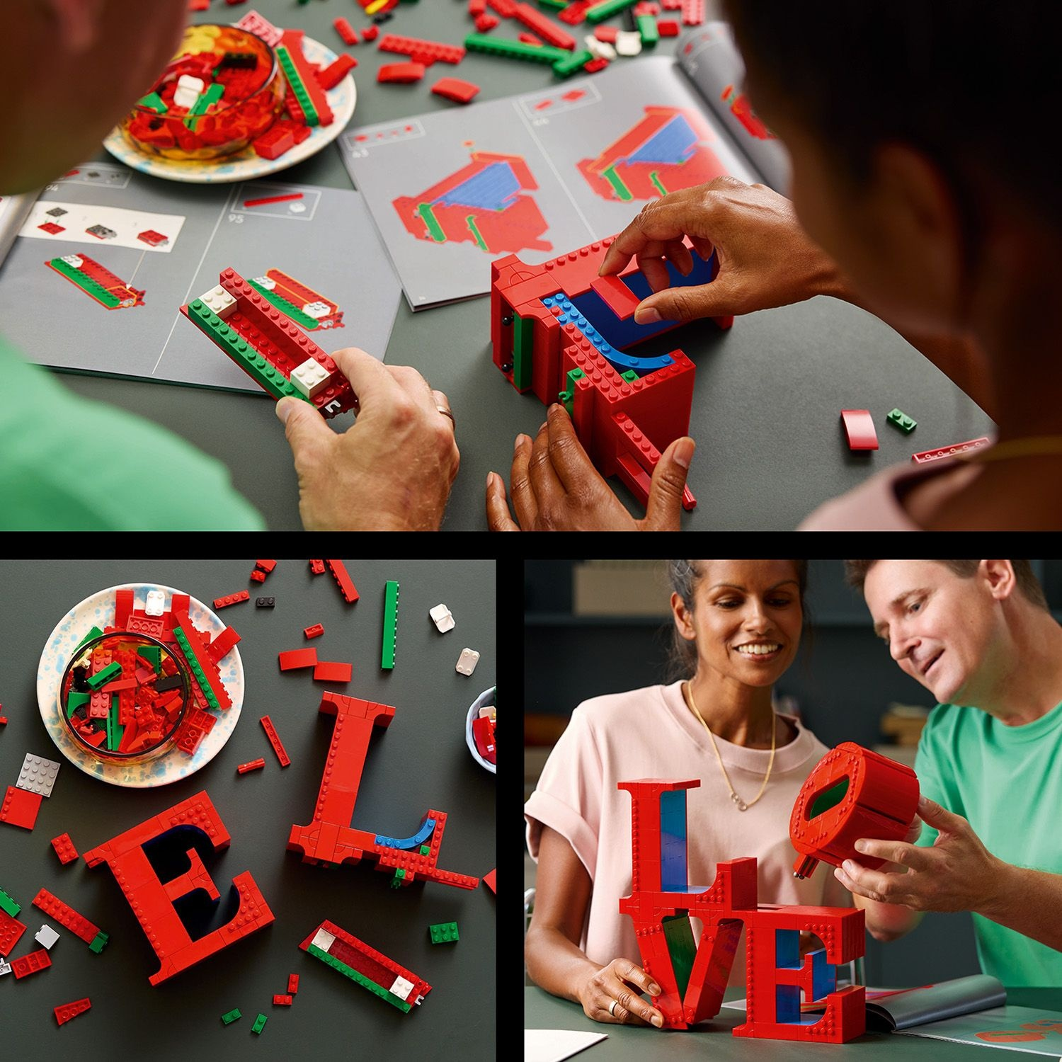Persone che assemblano blocchi LEGO. Lettere rosse 'LOVE'. Istruzioni, piatti di blocchi, mani che costruiscono. Coppia felice che ammira le lettere assemblate.