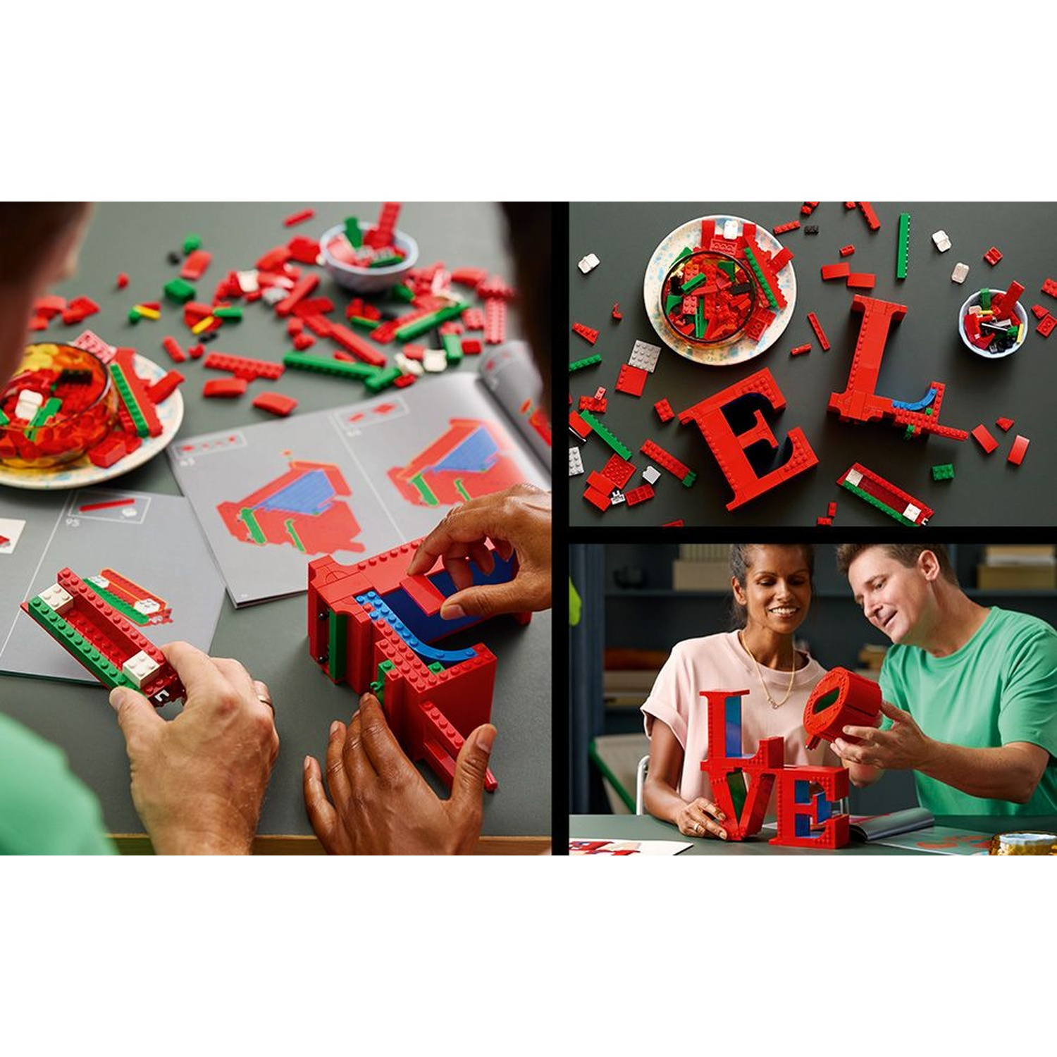 Collage di quattro pannelli che mostra persone che assemblano lettere e strutture LEGO. Mattoncini rossi e verdi sono importanti. La parola LOVE è visibile.