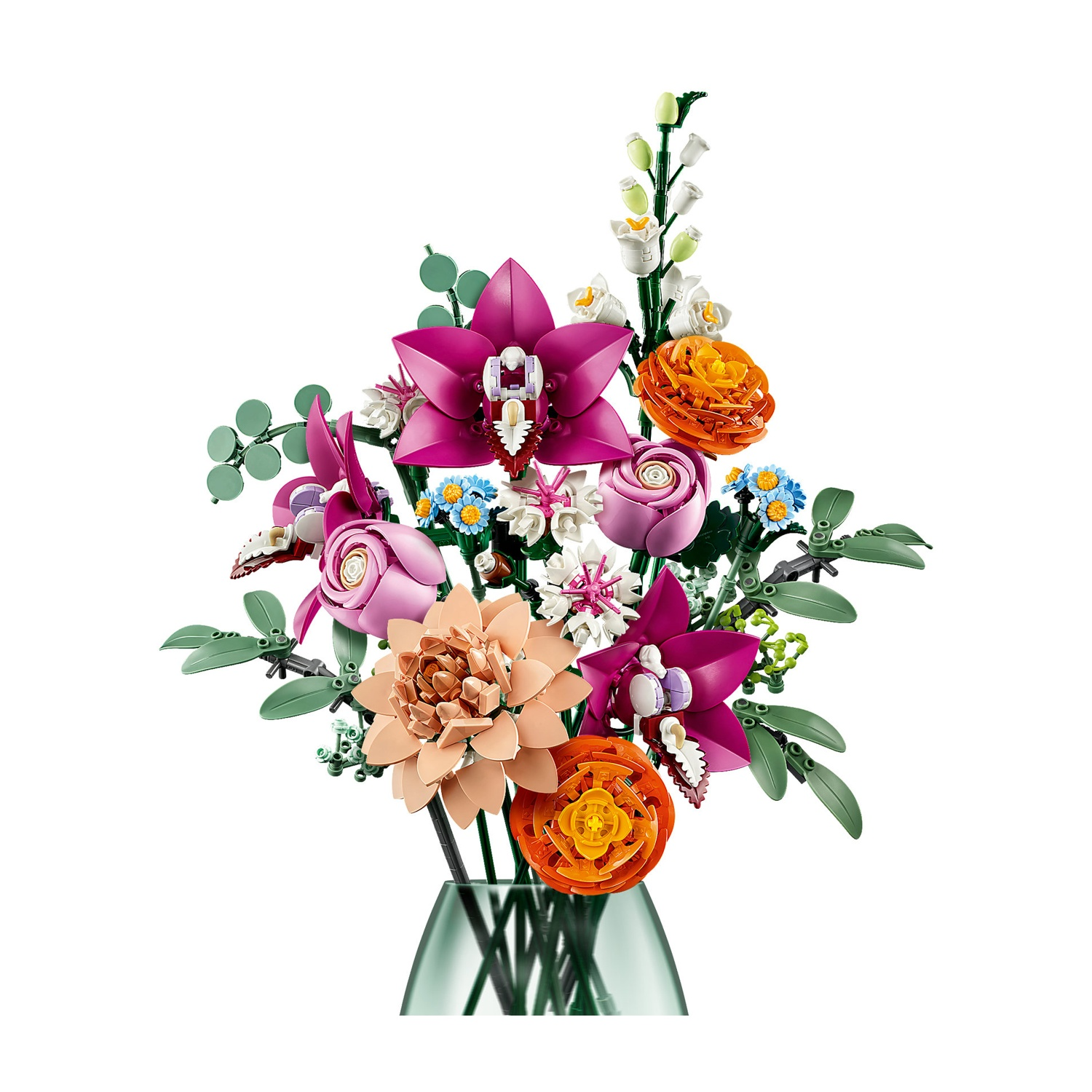 Un bouquet di fiori Lego colorati in un vaso di vetro. I fiori includono orchidee, rose e altri fiori rosa, arancioni e bianchi.