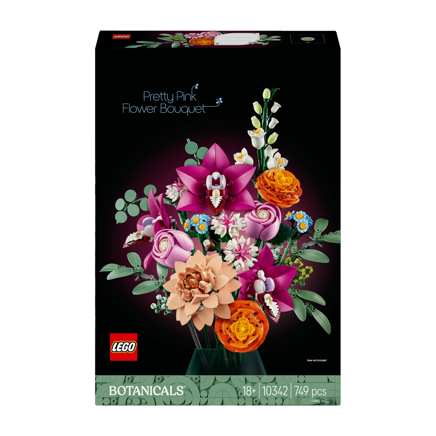Una scatola Lego mostra un bel bouquet di fiori rosa, con fiori rosa, arancioni e bianchi, con foglie verdi, su sfondo nero.