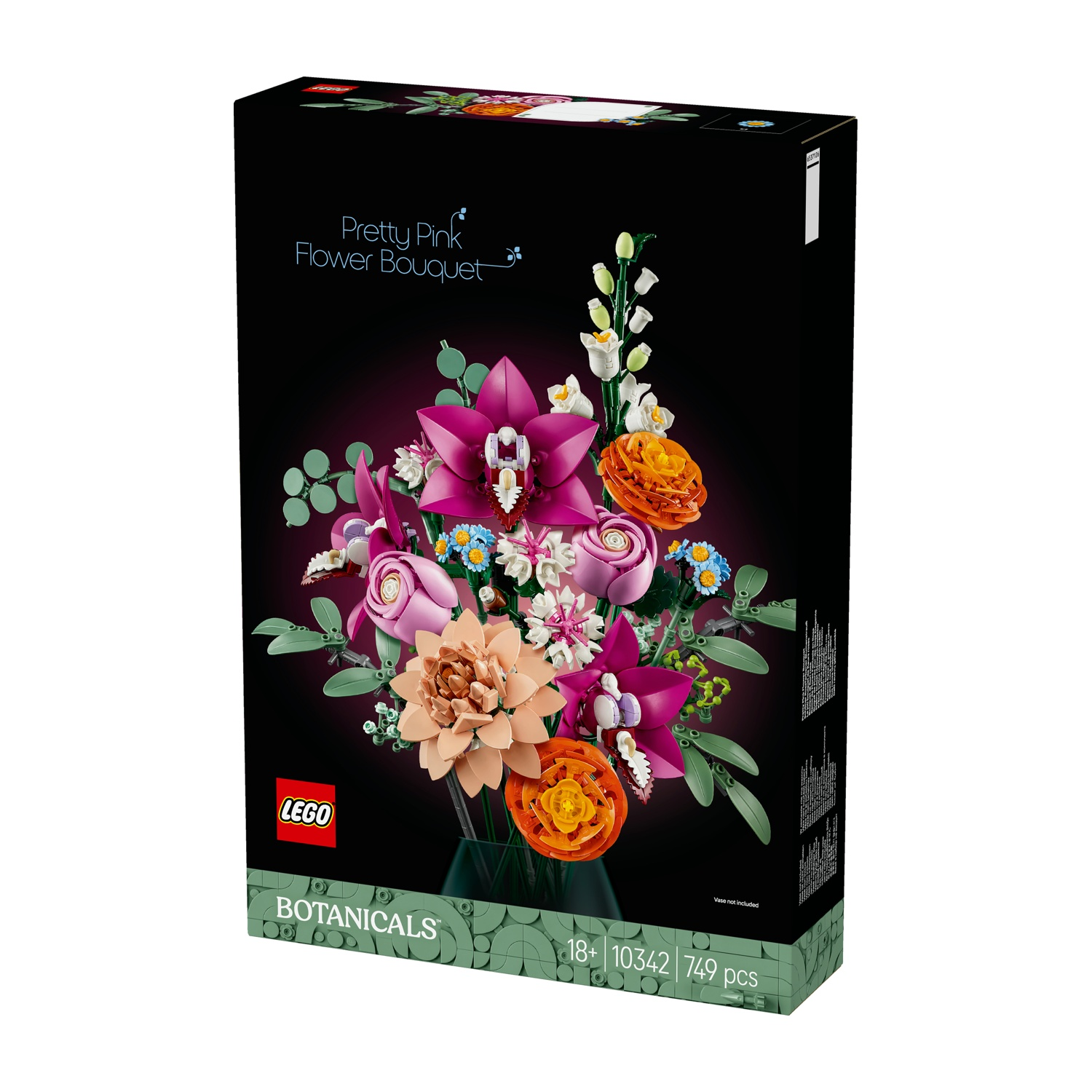 Una scatola Lego mostra un bouquet di fiori rosa. Presenta vari fiori colorati come rose e orchidee, su sfondo nero.