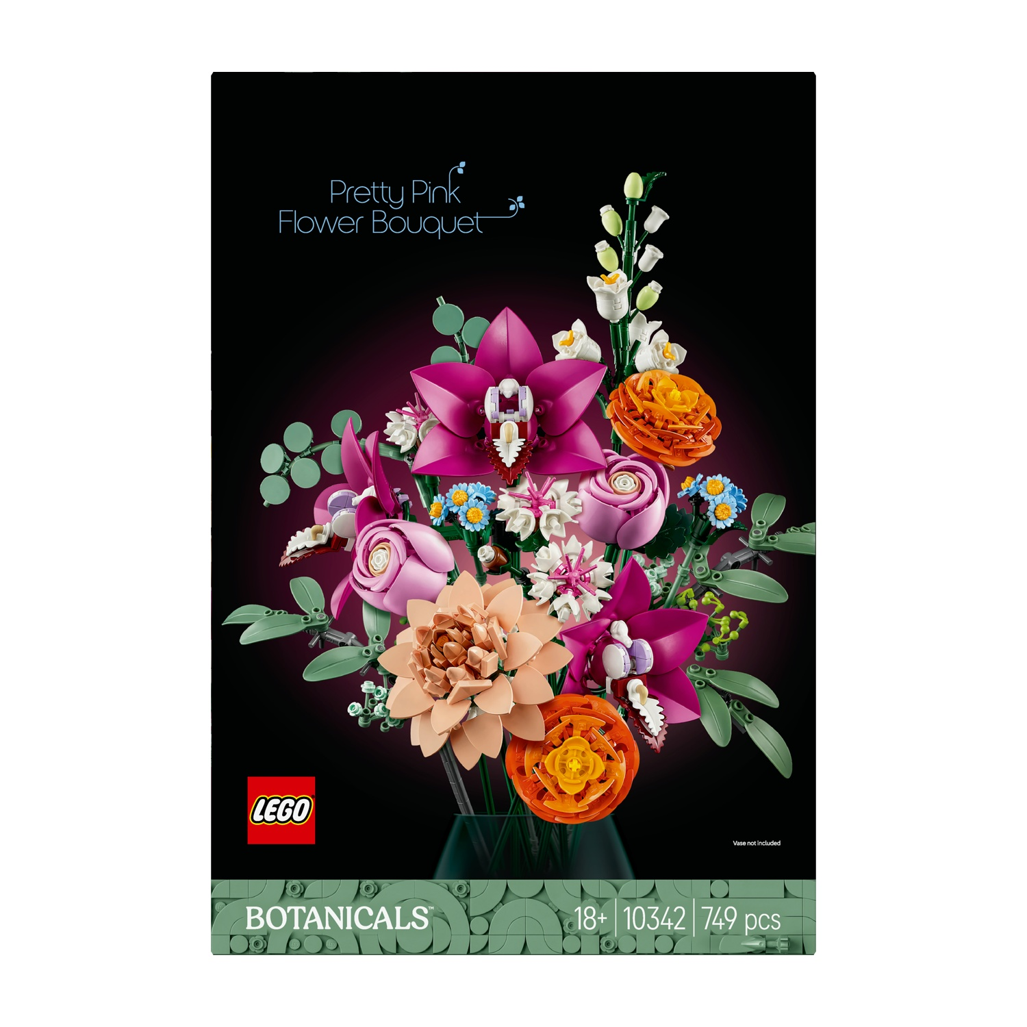 Una scatola del set Lego mostra un vivace bouquet di fiori. I fiori sono rosa, arancioni e bianchi, su sfondo scuro, con il logo Lego.