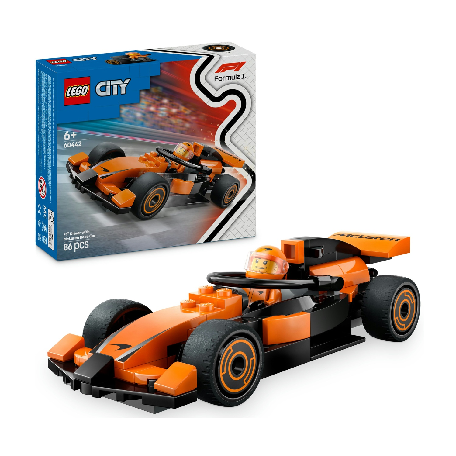 Un'auto da corsa McLaren Lego arancione e nera con un pilota e la sua scatola.