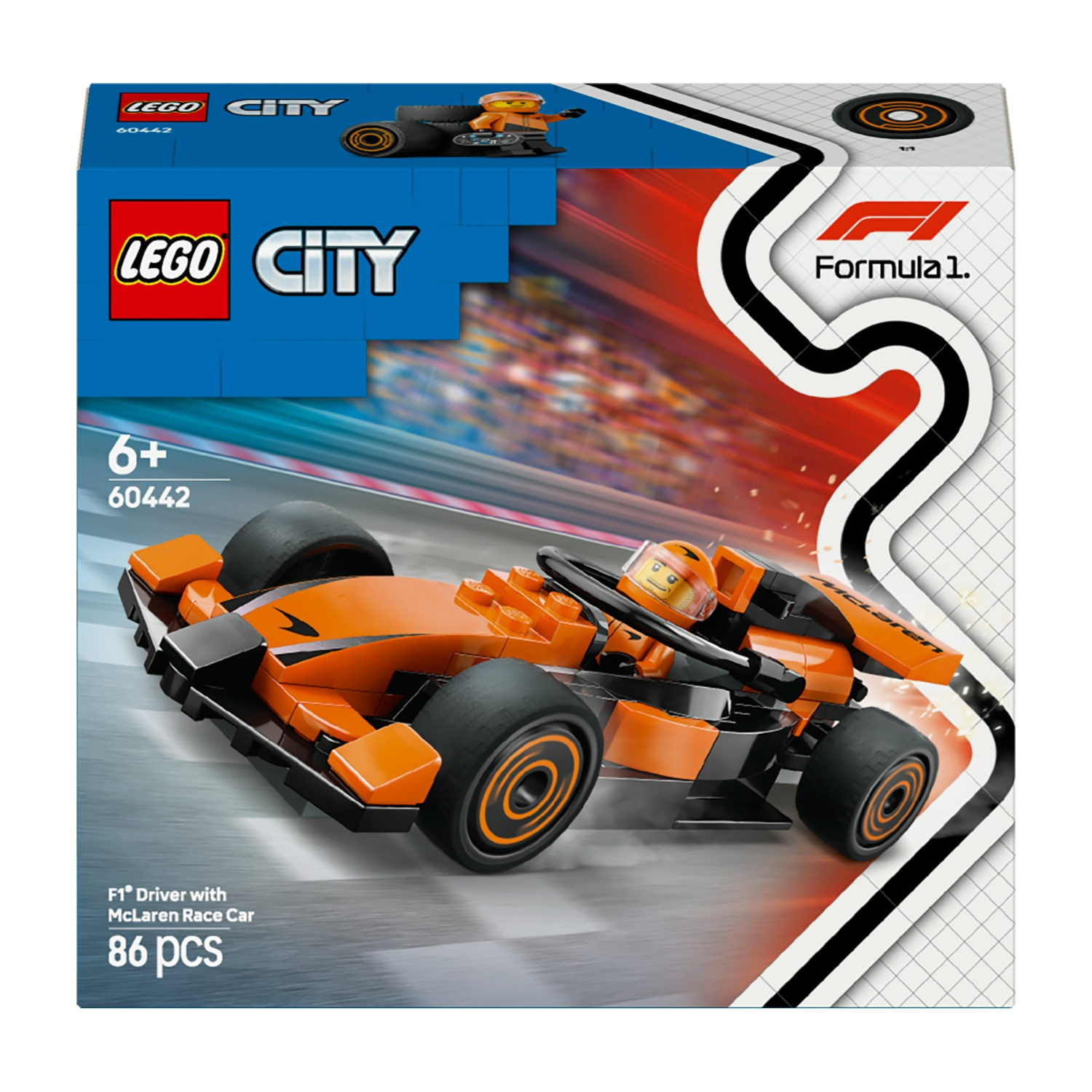 Auto da corsa Lego City Formula 1 McLaren. Auto arancione e nera con pilota. La scatola mostra l'auto e il marchio Lego.