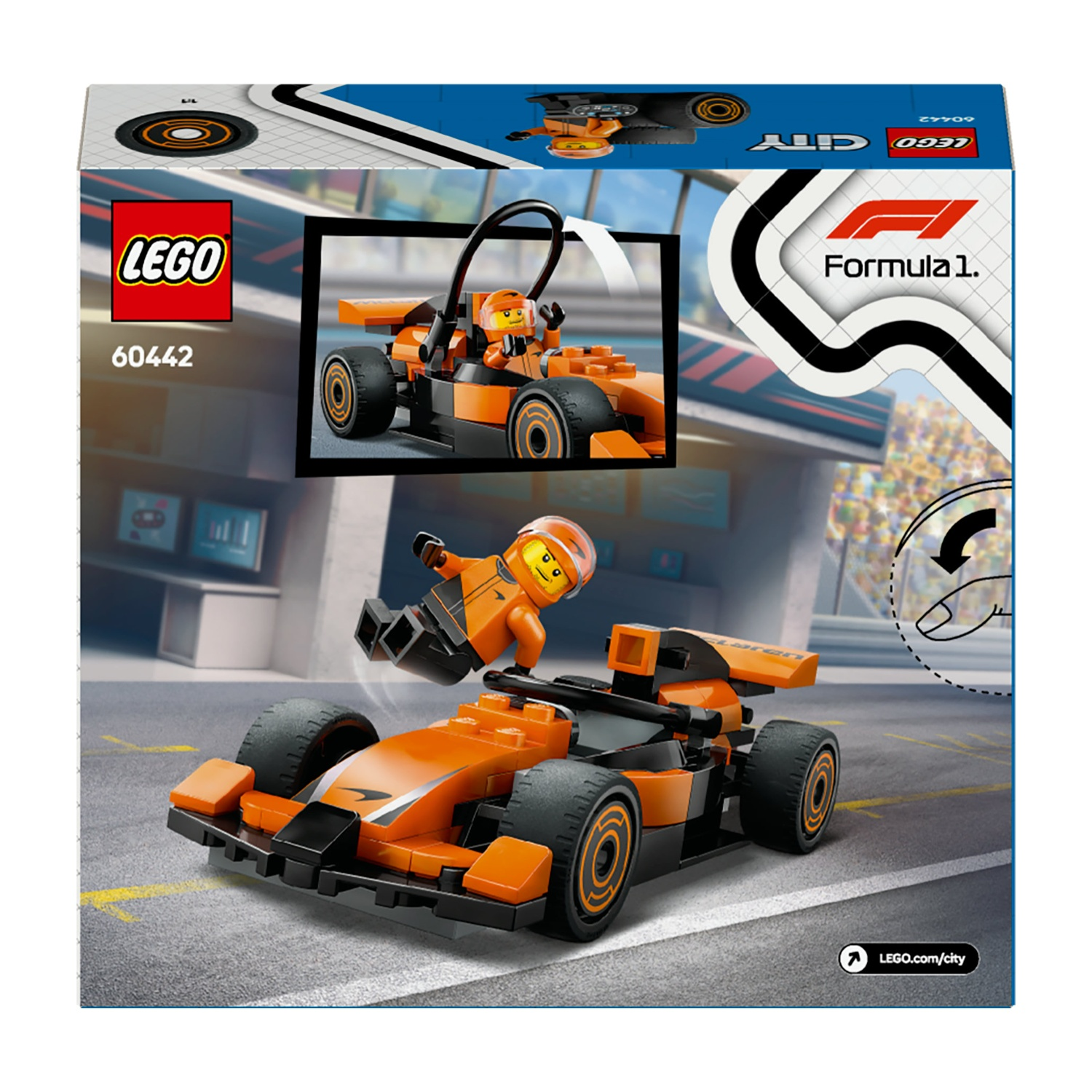 Scatola Lego con una macchina di Formula 1 arancione e una minifigure. La scatola include immagini dell'auto e un logo Formula 1.