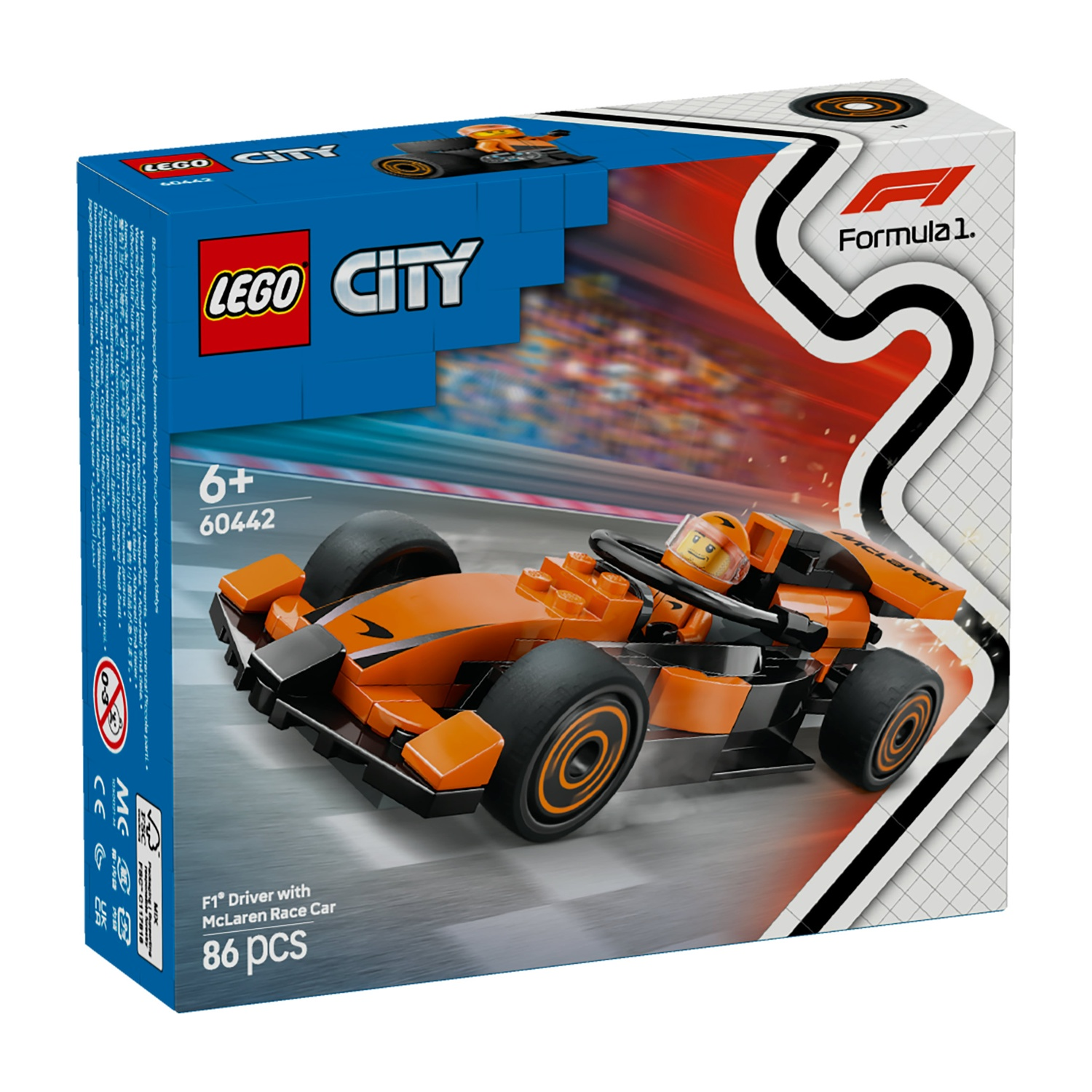 Una scatola Lego City mostra una McLaren arancione. La scatola ha i loghi Lego e Formula 1. Il set ha 86 pezzi.