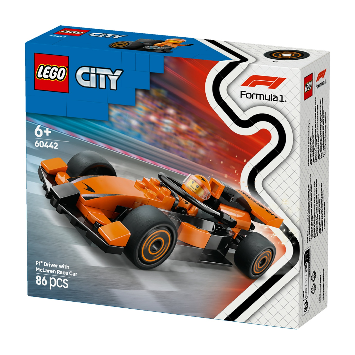 Una scatola Lego City mostra una macchina da corsa di Formula 1 arancione. La scatola include i loghi Lego e Formula 1.