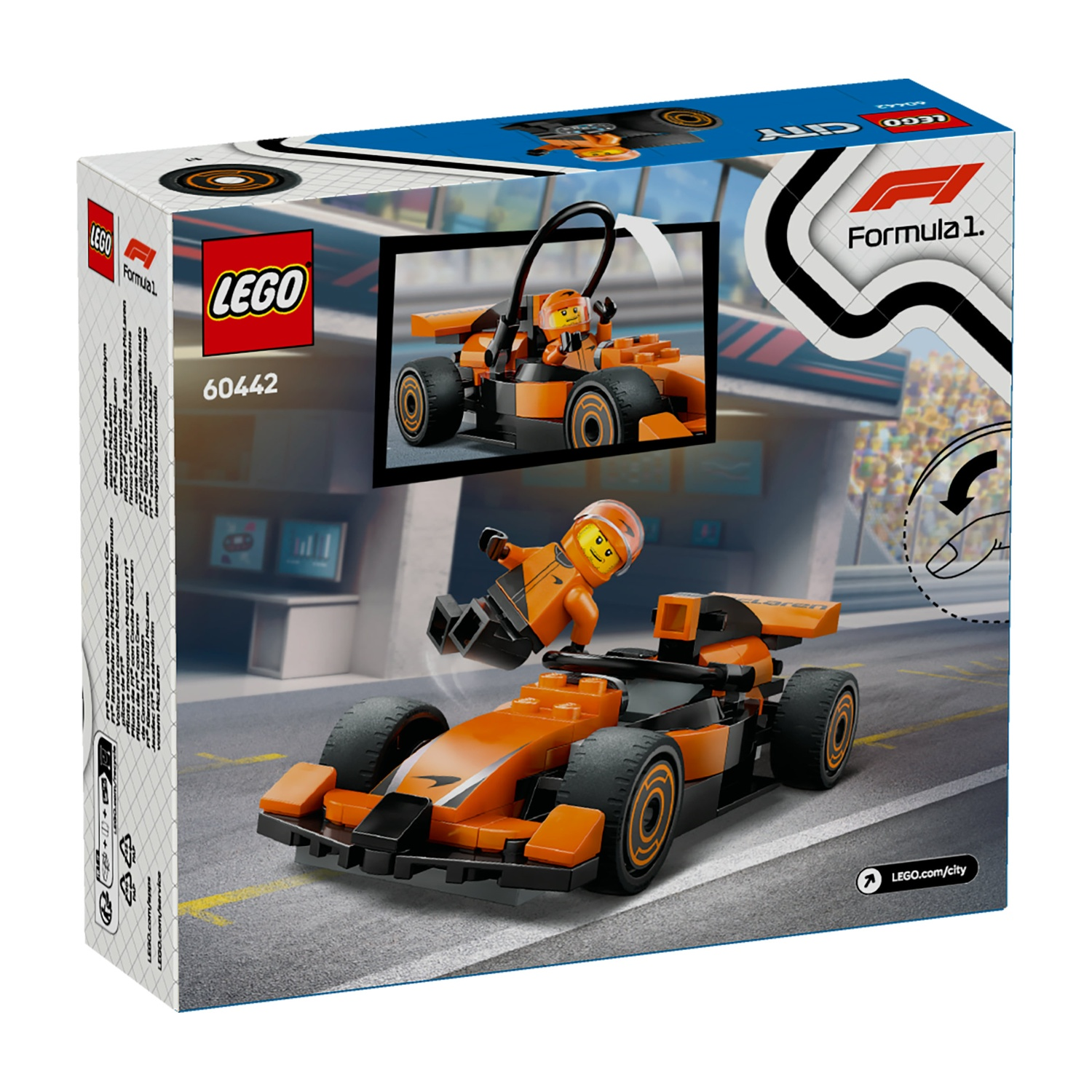 Scatola Lego con un'auto di Formula 1 arancione e una minifigure. La scatola mostra una scena di pista e il logo Lego.