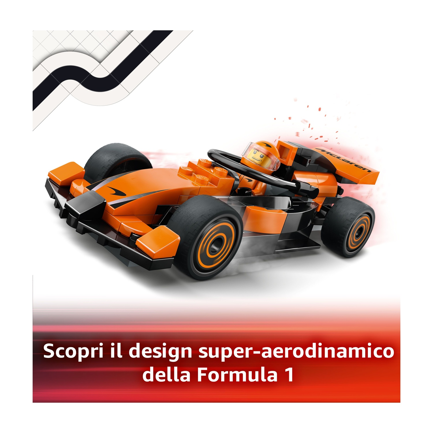 Un'auto da Formula 1 Lego arancione e nera con un pilota. L'auto è su sfondo bianco con un design della pista in alto a sinistra.
