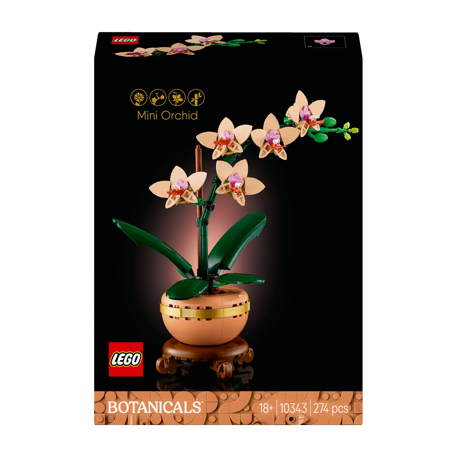 Una scatola Lego mostra una Mini Orchidea. L'orchidea ha petali color pesca, foglie verdi ed è in un vaso marrone. Lo sfondo è nero.