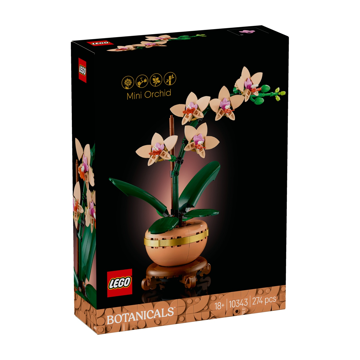 Una scatola Lego mostra una mini pianta di orchidea. La pianta è in un vaso. Lo sfondo è scuro. La scatola ha il logo Lego.