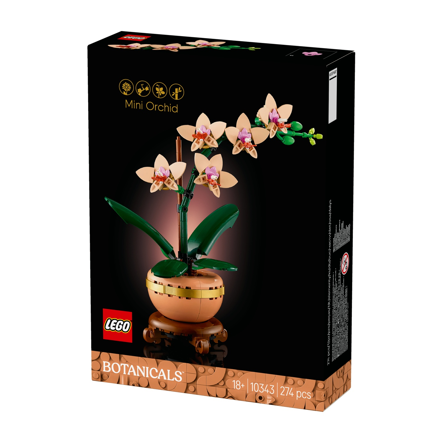 Una scatola Lego mostra un'orchidea Lego. La scatola è nera con il logo Lego e il testo 'Mini Orchid'. L'orchidea ha fiori beige.
