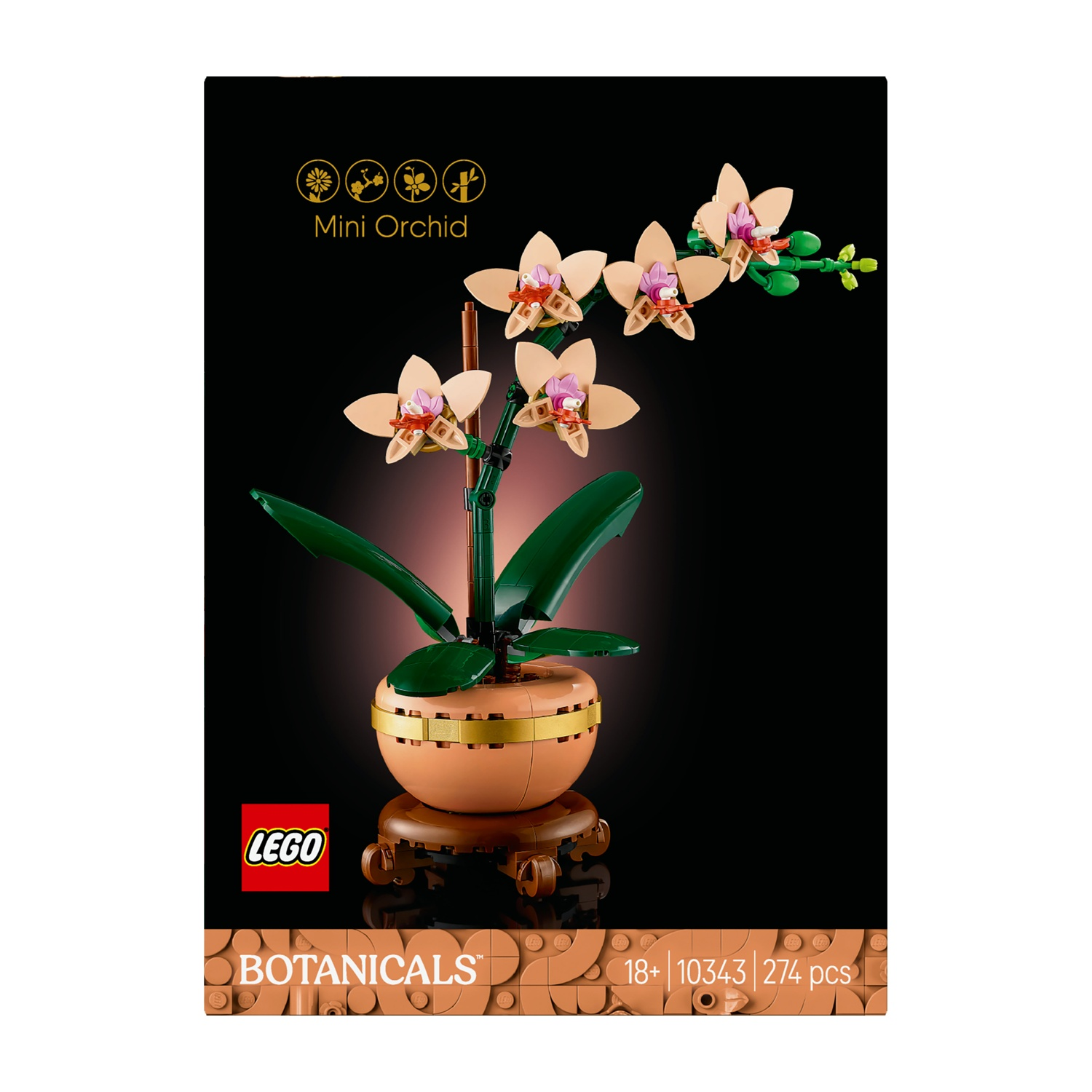 Un set Lego di una mini orchidea. Il set include fiori beige con centri viola, steli e foglie verdi e un vaso marrone su un supporto.