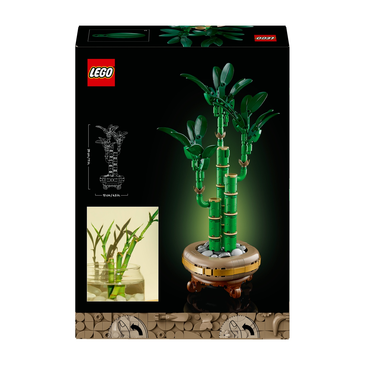 Una scatola Lego mostra una pianta di bambù Lego. Ha steli verdi, foglie e un vaso marrone. Sono inclusi un disegno e una foto.