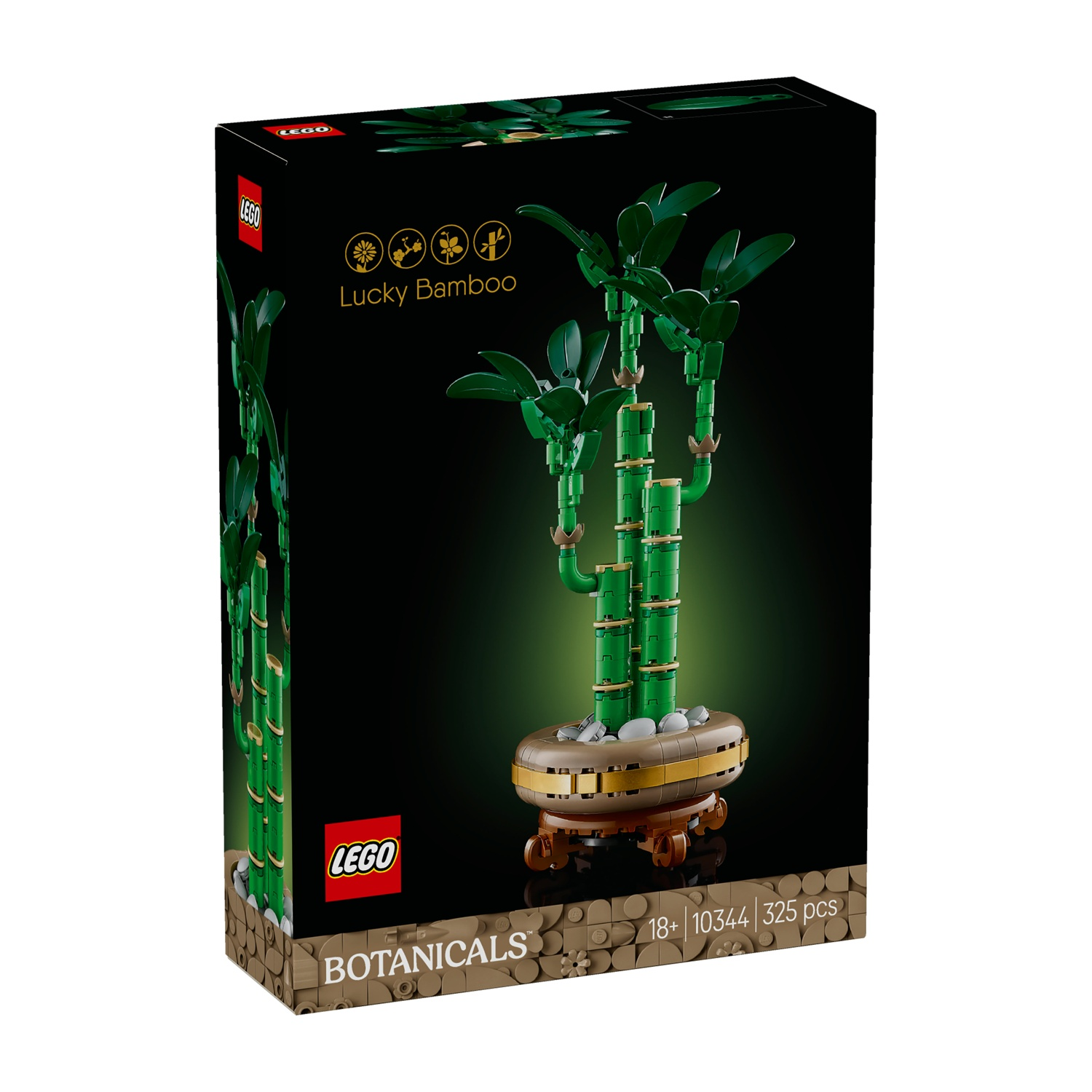 Una scatola Lego mostra un set di piante Lucky Bamboo. La scatola è nera con un design di bambù verde. Il set include un vaso marrone e bambù verde.