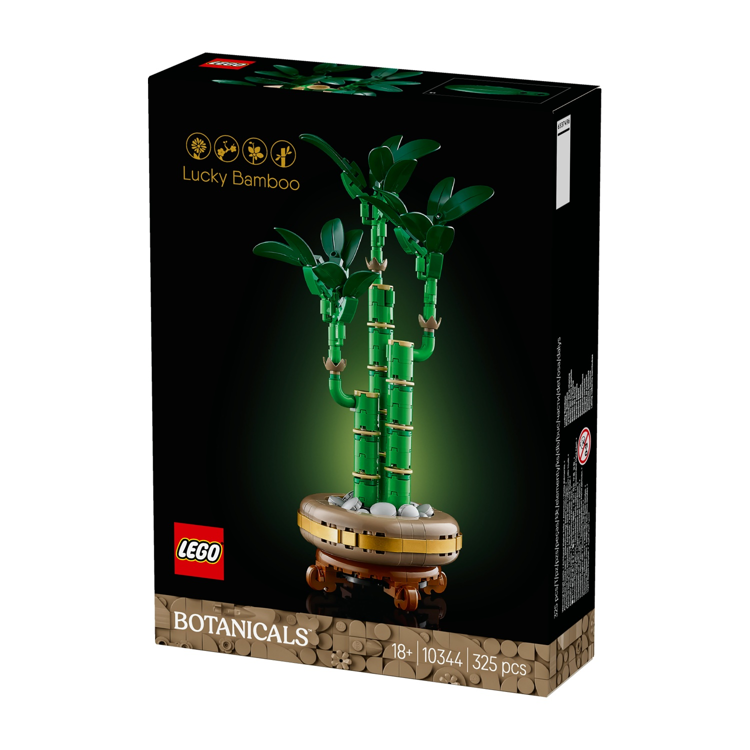 Una scatola Lego mostra un set di piante di Lucky Bamboo. La pianta ha steli e foglie di bambù verdi, in un vaso marrone. Lo sfondo è nero.