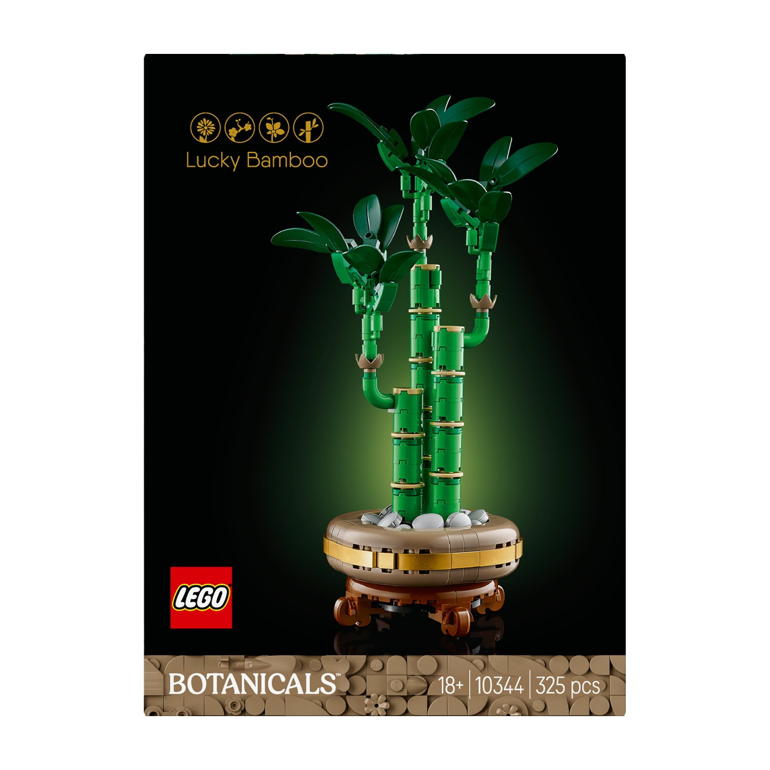 Un set Lego di una pianta di bambù fortunata. Ha steli di bambù verdi, foglie e si trova in un vaso marrone, con sfondo nero.