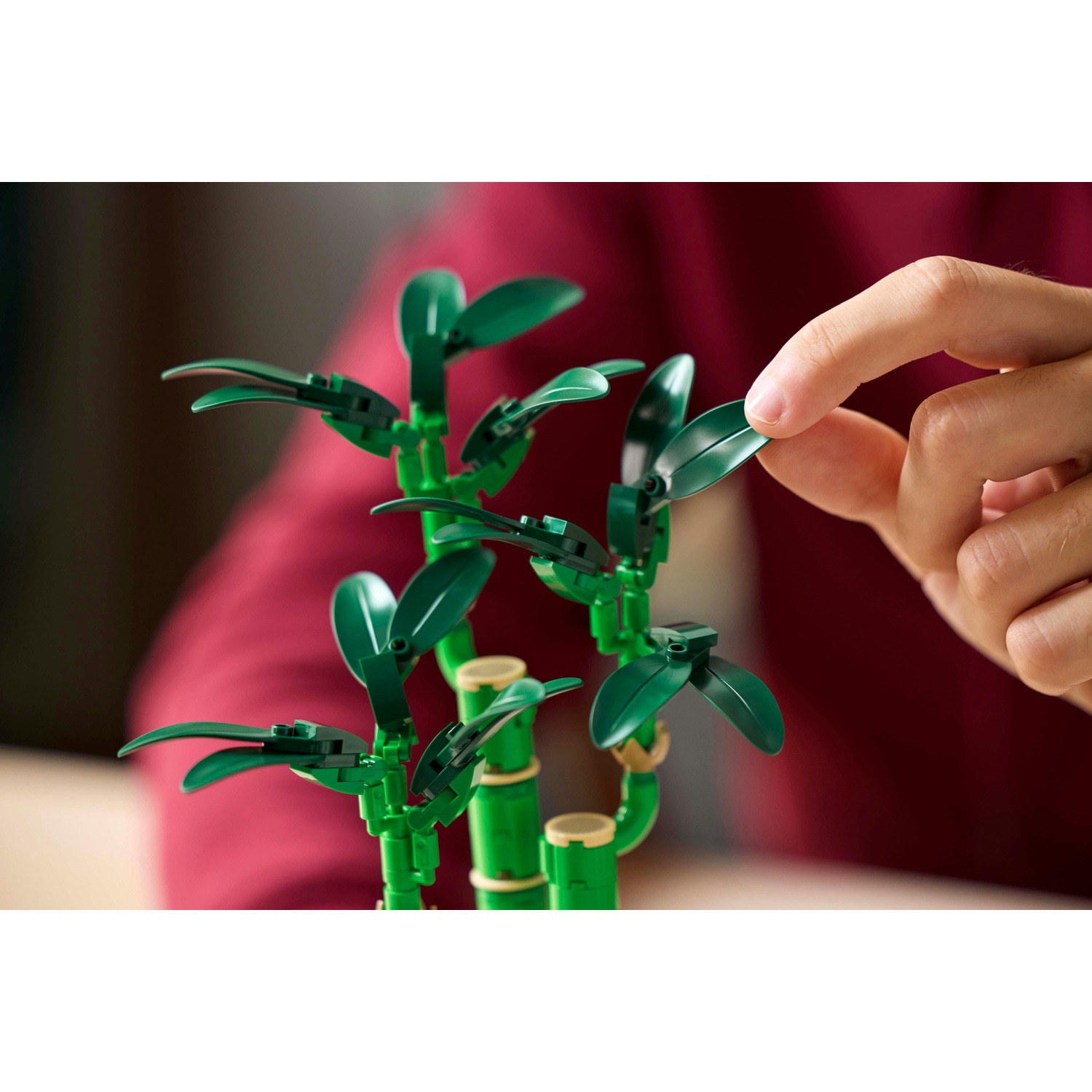 Una mano tocca una pianta di bambù Lego verde. La pianta ha foglie verdi e steli di bambù. Lo sfondo è rosso.