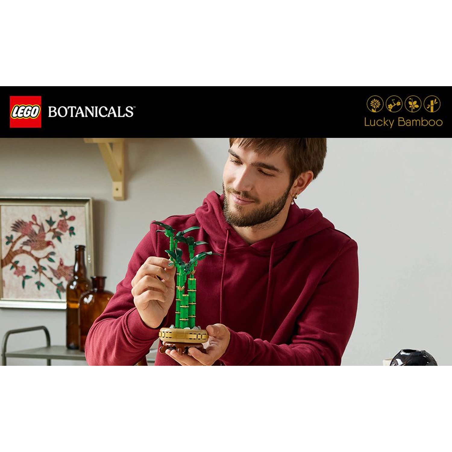 Un uomo con una felpa con cappuccio rossa tiene in mano una pianta di bambù Lego. Lo sfondo include un quadro, bottiglie e una mensola.