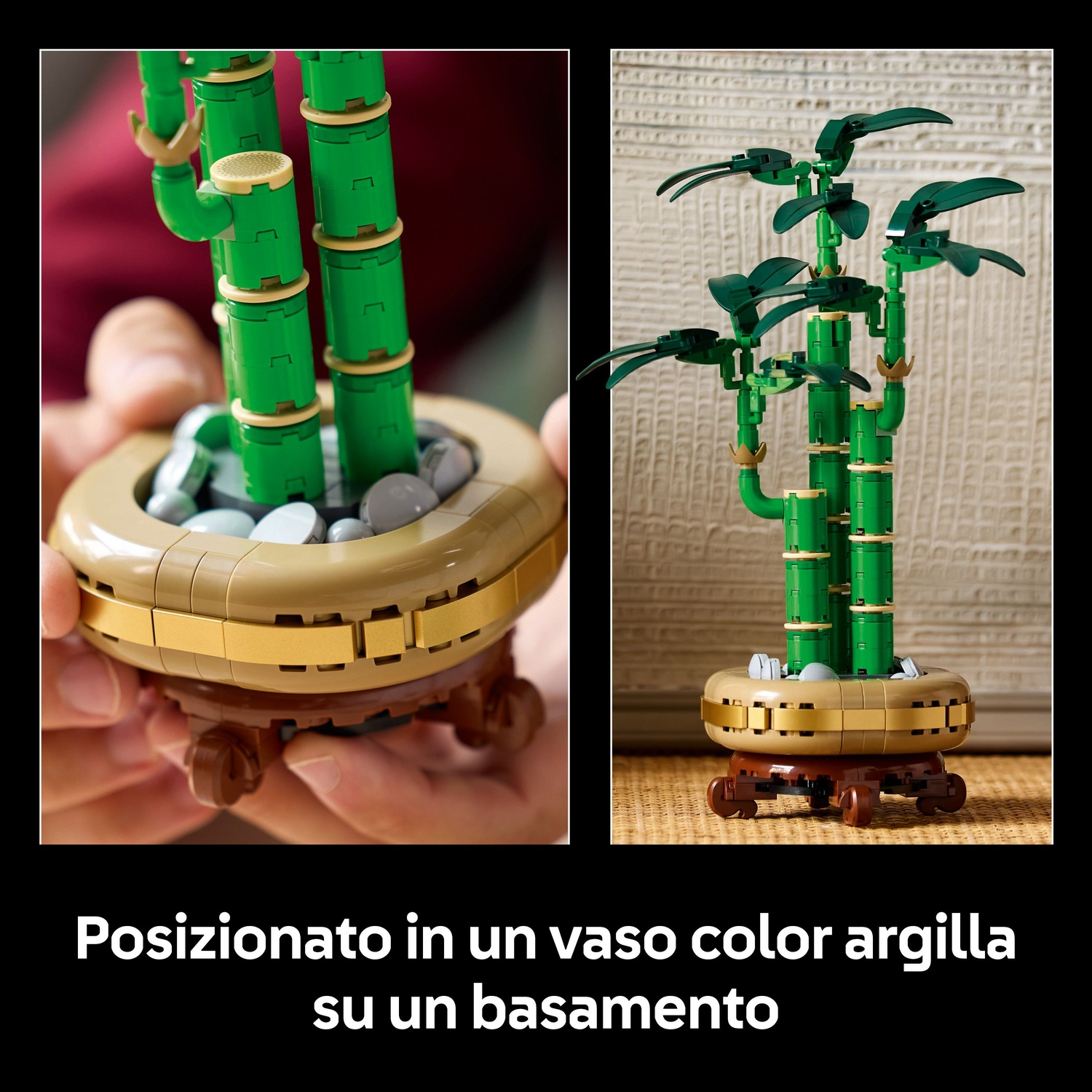 Una pianta di bambù Lego in un vaso beige con supporto marrone. Il bambù è verde con foglie verde scuro. Il vaso ha finiture dorate.