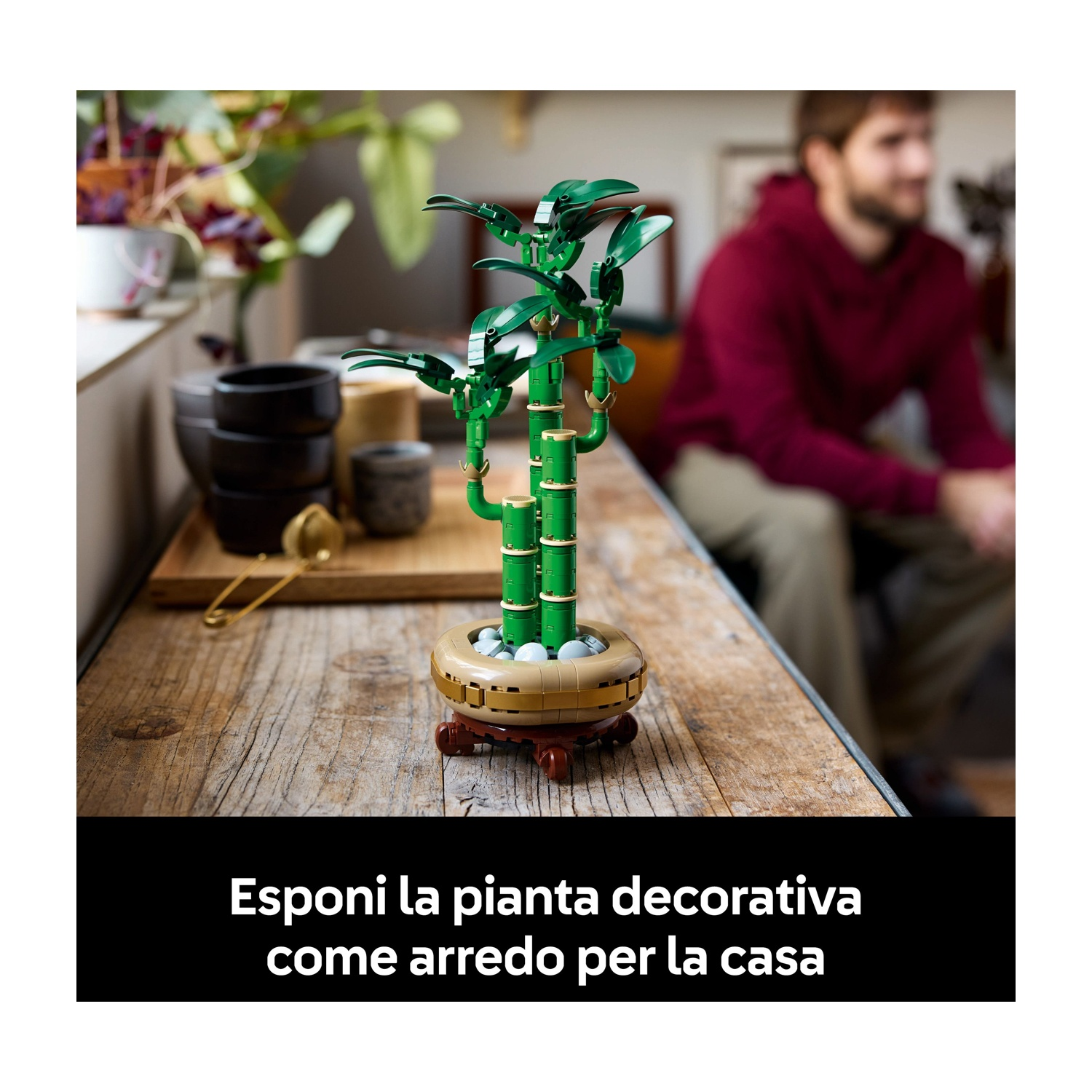 Una pianta di bambù Lego su un tavolo di legno. Un uomo con una felpa rossa sullo sfondo. Altri oggetti sono visibili.
