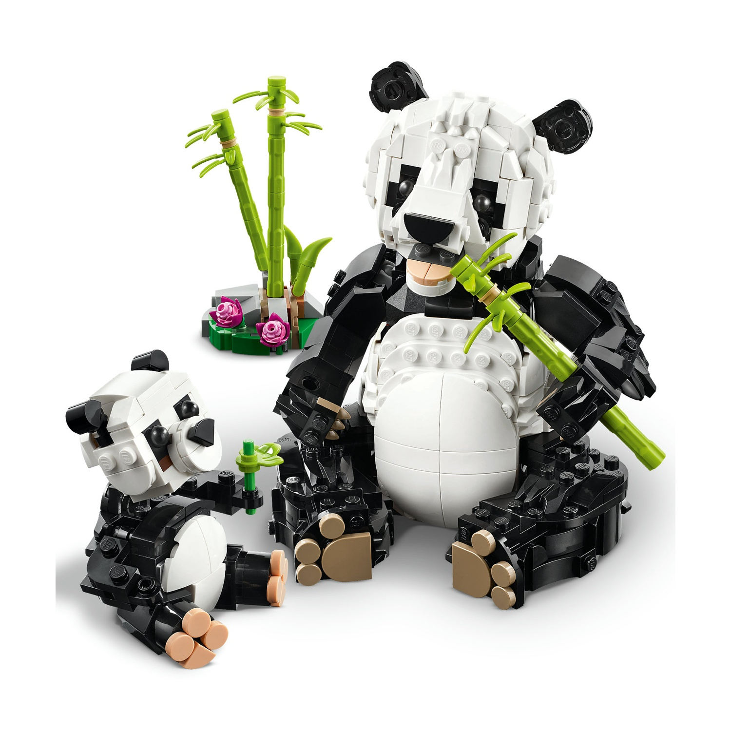 Due panda Lego, bianchi e neri, seduti sul bianco. Uno tiene in mano del bambù. Bambù verde e fiori rosa sullo sfondo.