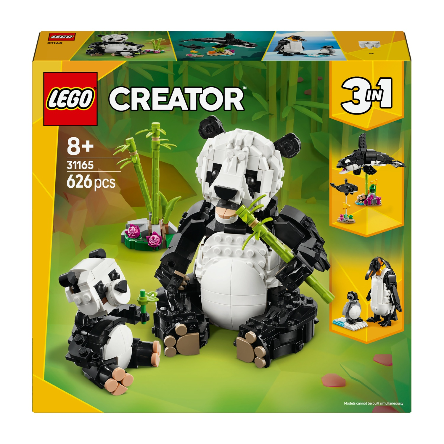 Set scatola LEGO Creator con un panda, bambù e due piccole figure di panda. Include immagini di altre opzioni di costruzione.