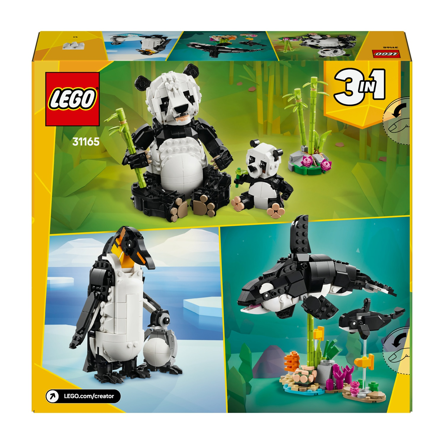 Scatola LEGO. Modelli di panda, pinguino e orca mostrati. Panda con bambù. Orche nuotano. Pinguino con pulcino sul ghiaccio.