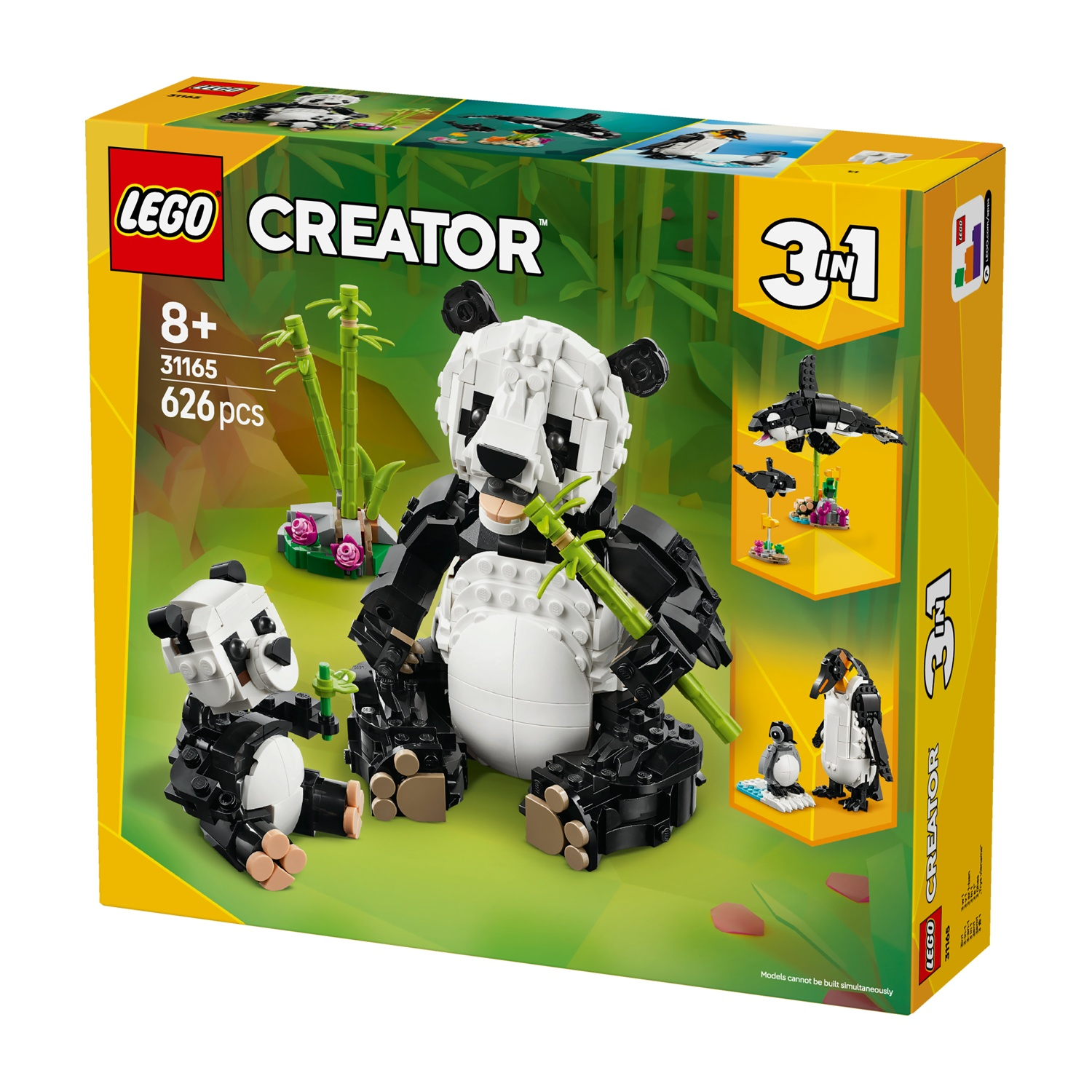 Set LEGO Creator 3 in 1. La scatola mostra un panda e due personaggi panda. Include una balena bianca e nera e personaggi pinguino.