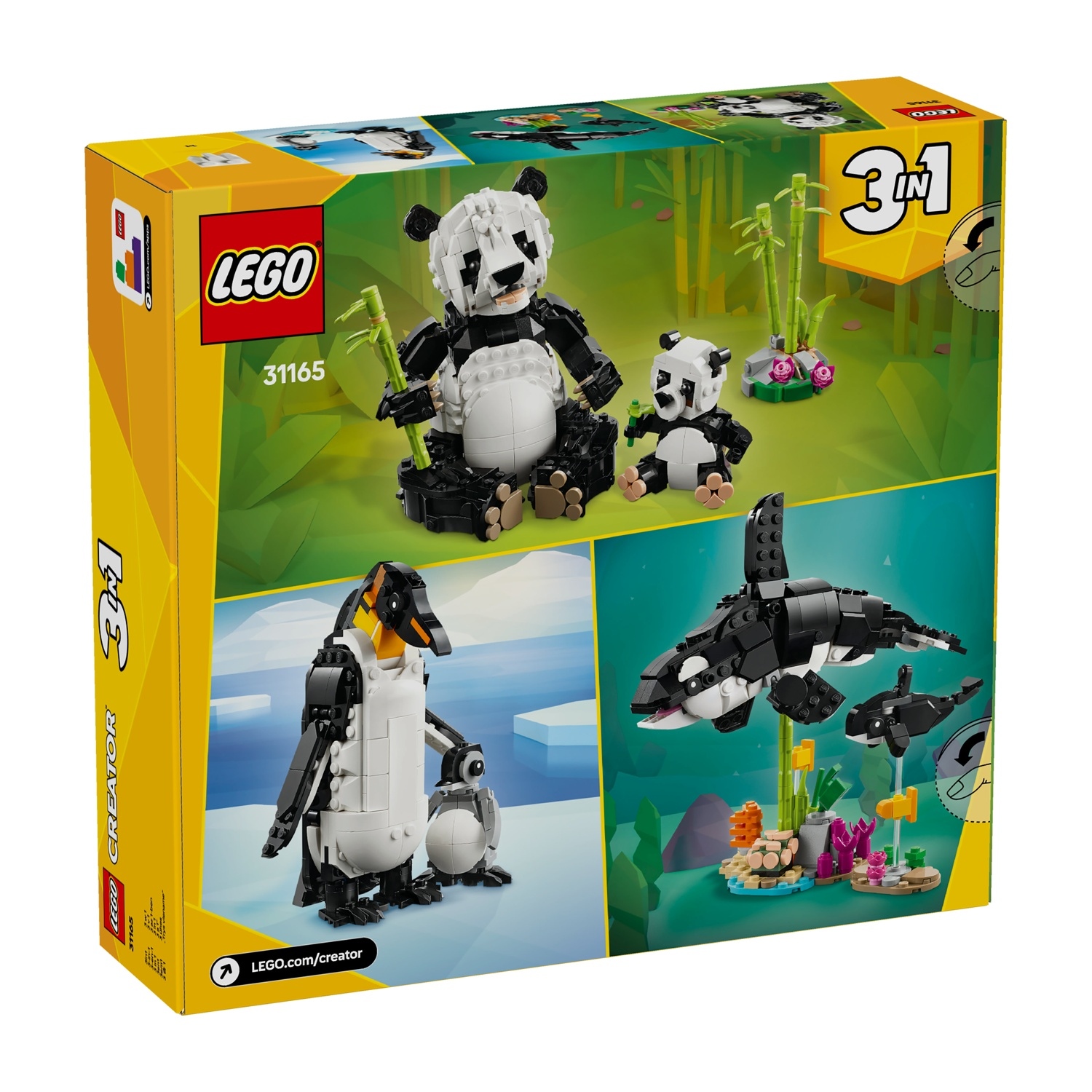 Scatola Lego mostra modelli di panda, pinguino e orca. Panda con bambù, pinguino con bambino, orca nel mare.