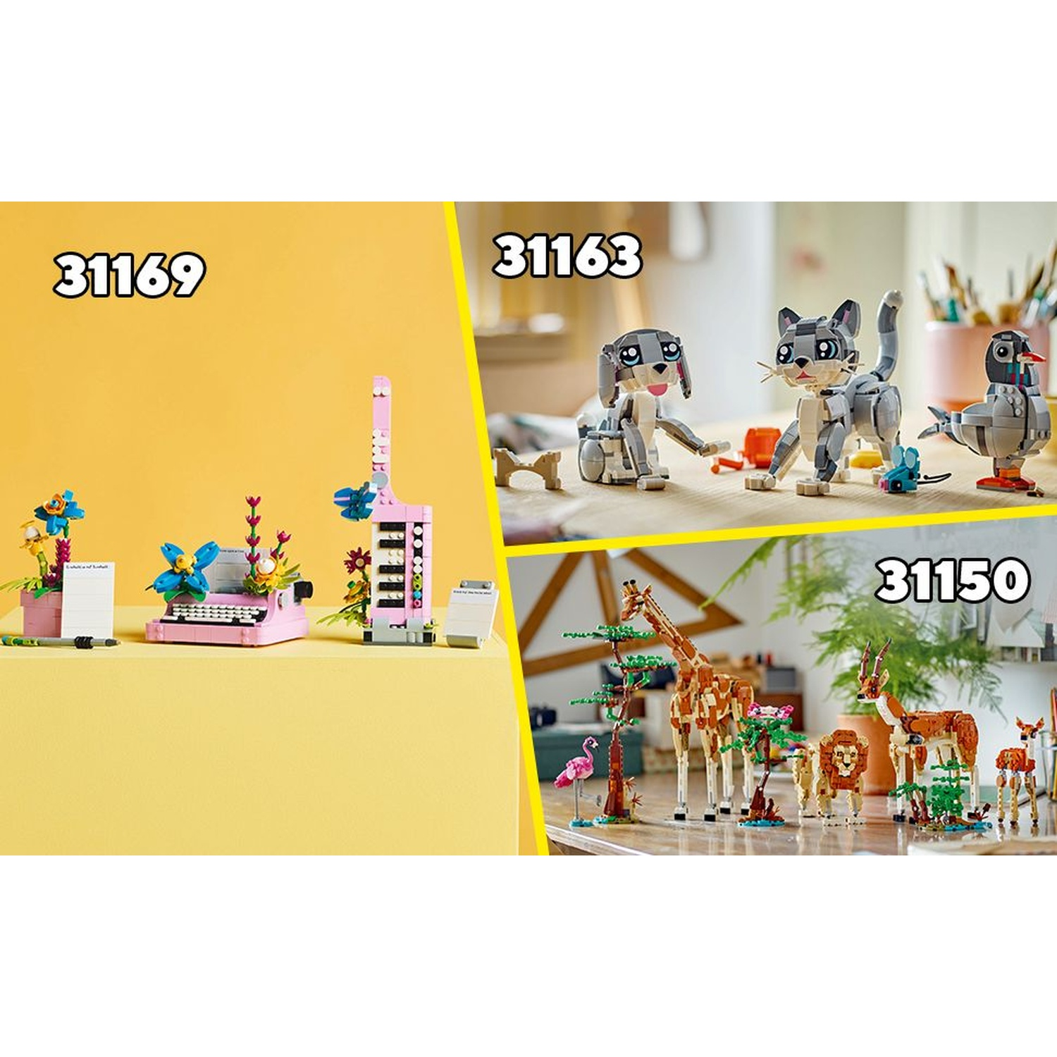 L'immagine presenta set LEGO. Un set ha una macchina da scrivere, fiori e una giraffa rosa. Altri set presentano animali come un cane, un gatto e una giraffa.
