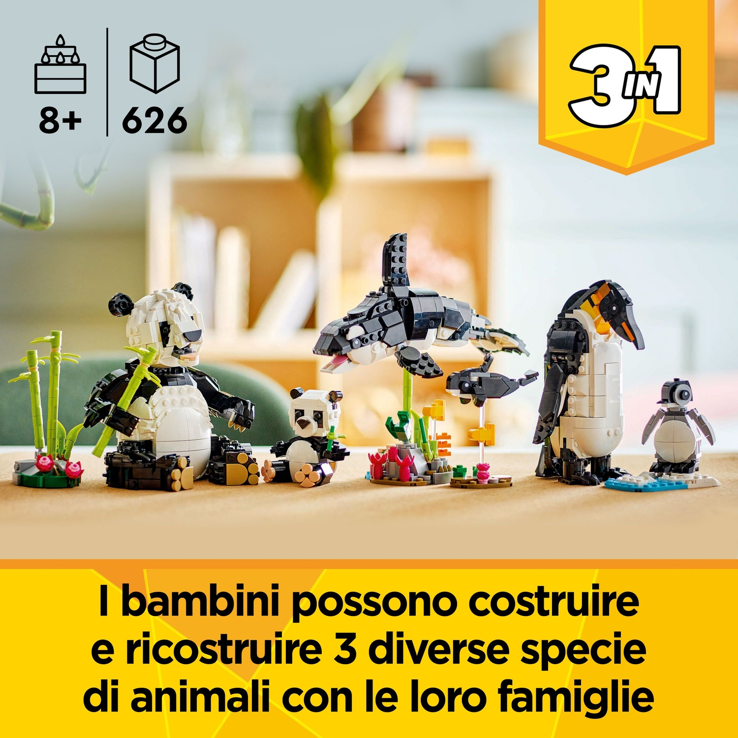 Set Lego raffigurante panda, orche e pinguini con bambù e piante. Il set include 626 pezzi, adatto a partire dagli 8 anni.