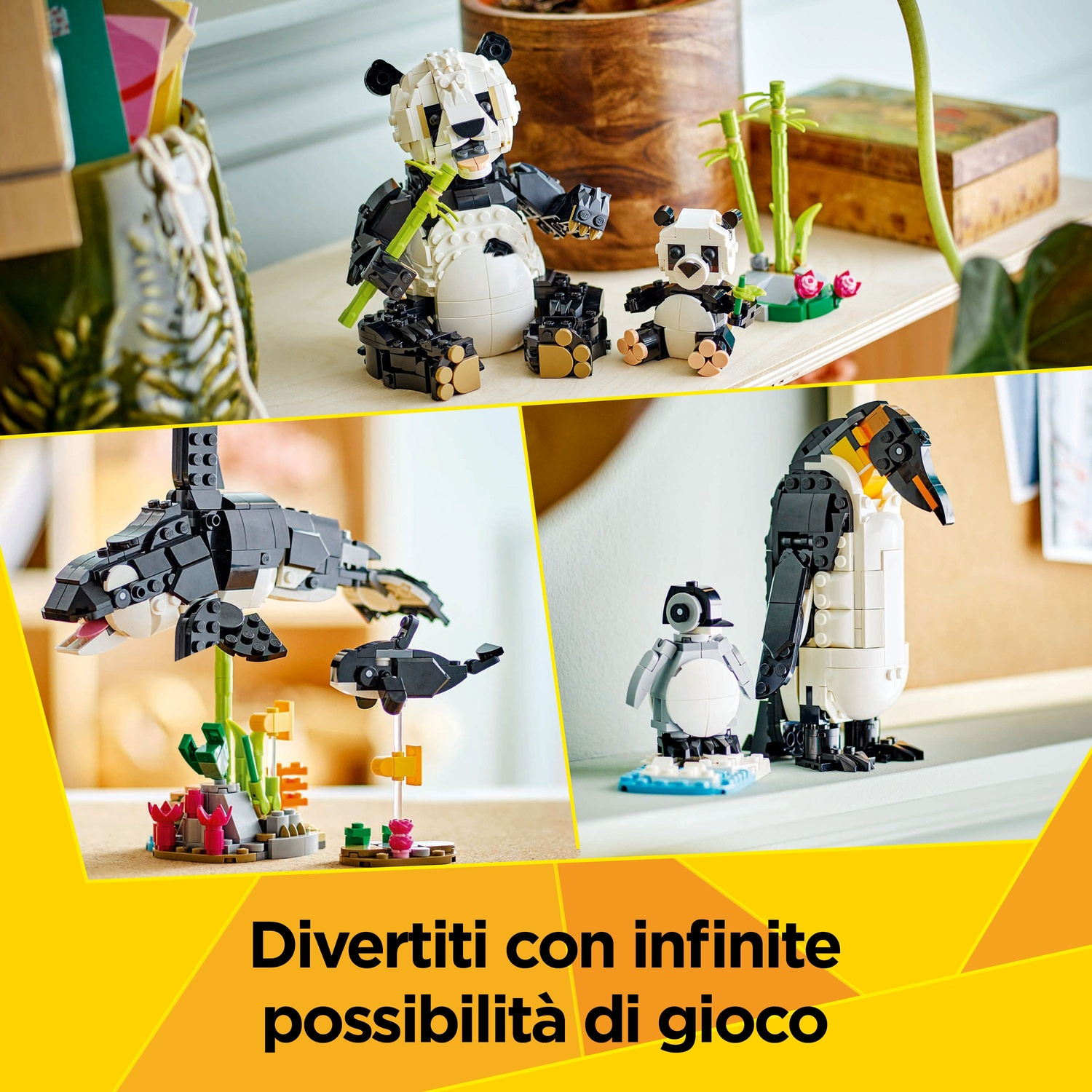 Set Lego animali: panda con bambù, orche e pinguini. L'immagine mostra i set su uno scaffale, con testo in italiano in basso.