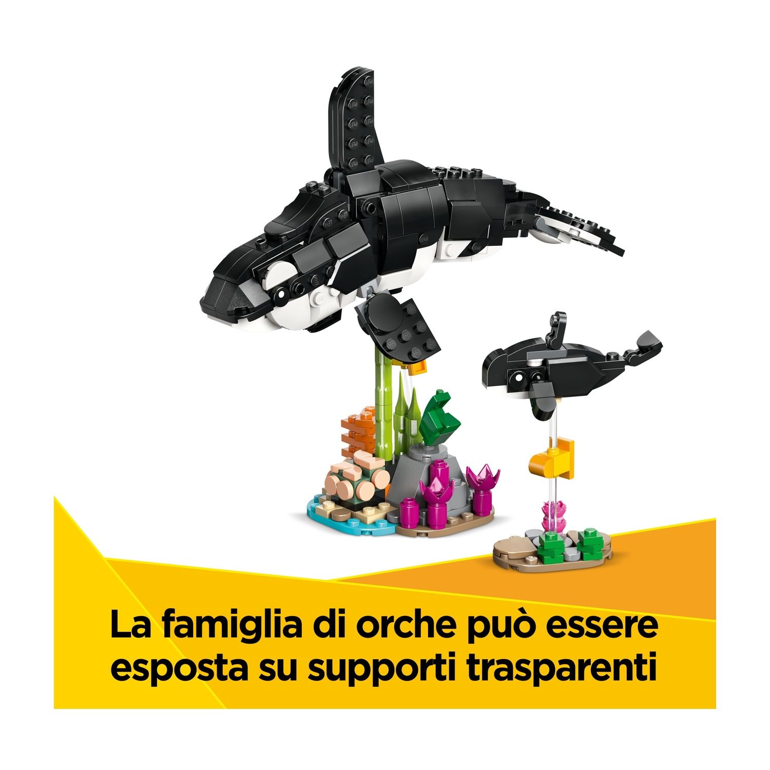 Set Lego di orche. Un'orca grande e una piccola, con supporti trasparenti, su sfondo bianco.