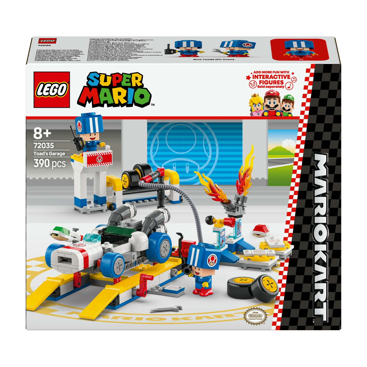 Set Lego Super Mario Toad's Garage. La scatola mostra un set Lego con un'auto, personaggi di Toad e un'ambientazione da garage. Colorato.