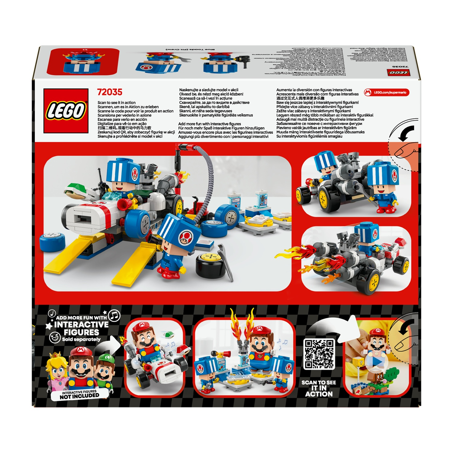 Scatola Lego con Mario e altri personaggi. La scatola mostra immagini di set Lego assemblati e istruzioni.