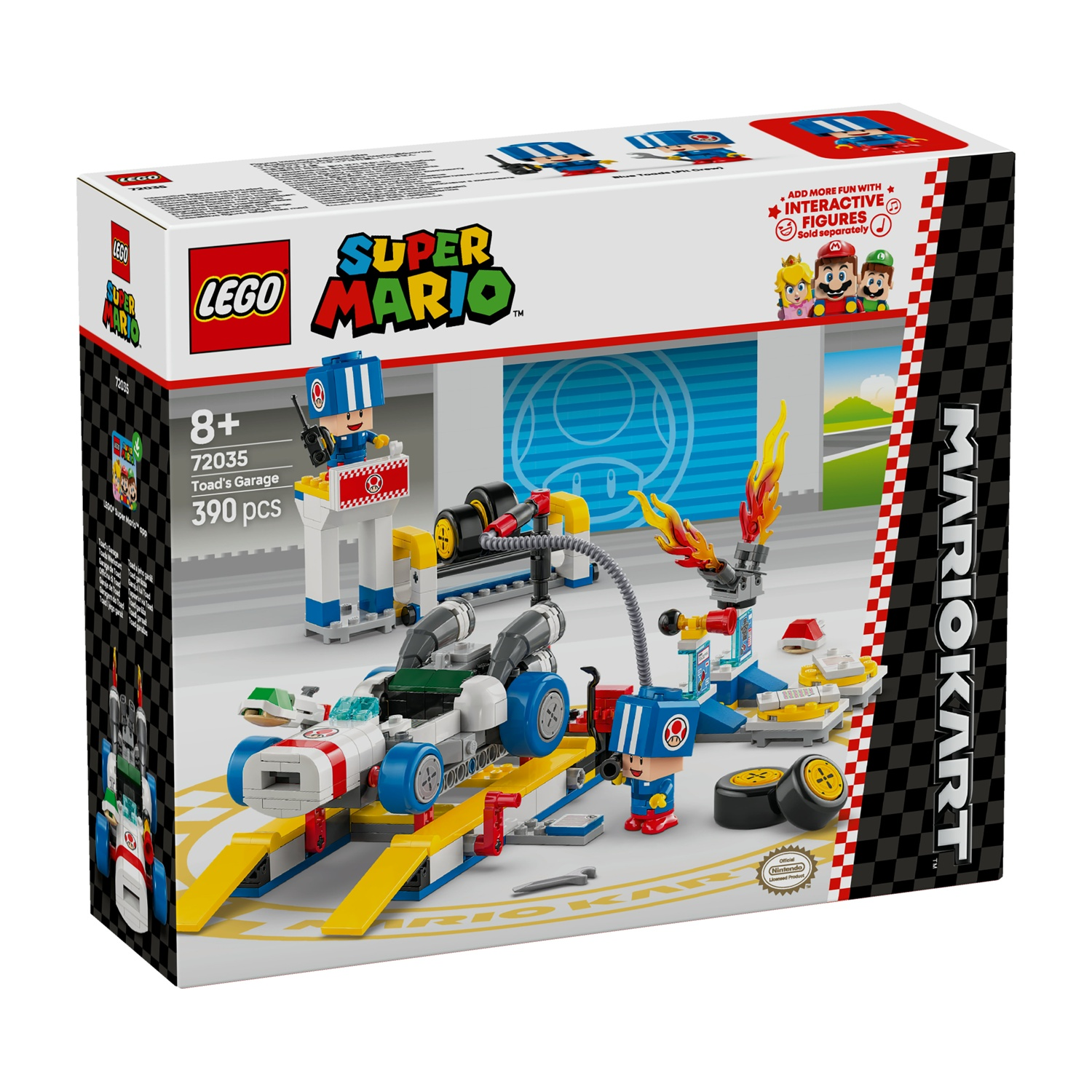 Set Lego Super Mario Toad's Garage. La scatola mostra vari personaggi Lego, un'auto ed elementi del garage in un ambiente colorato.