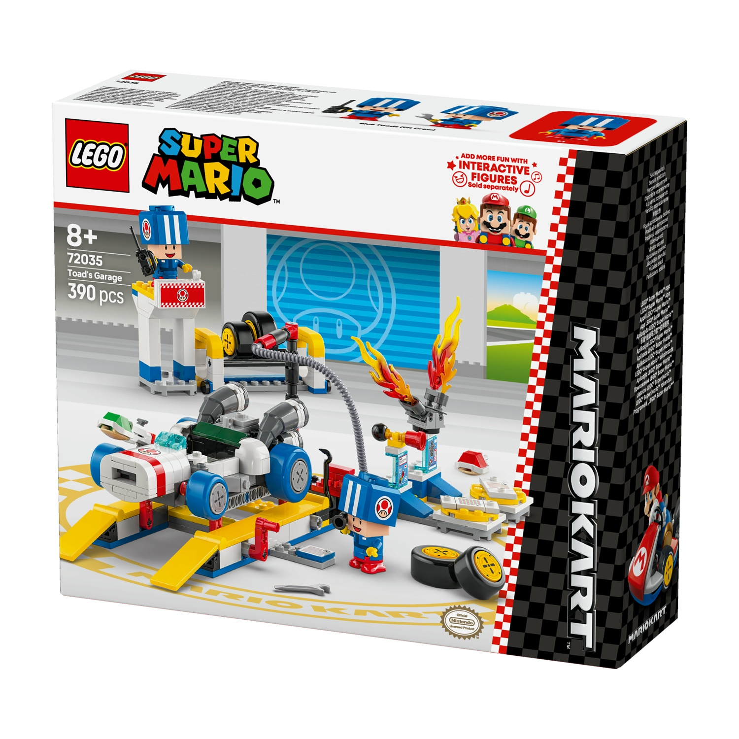 Set Lego Super Mario Toad's Garage. La scatola mostra vari personaggi Lego e la scena del garage.