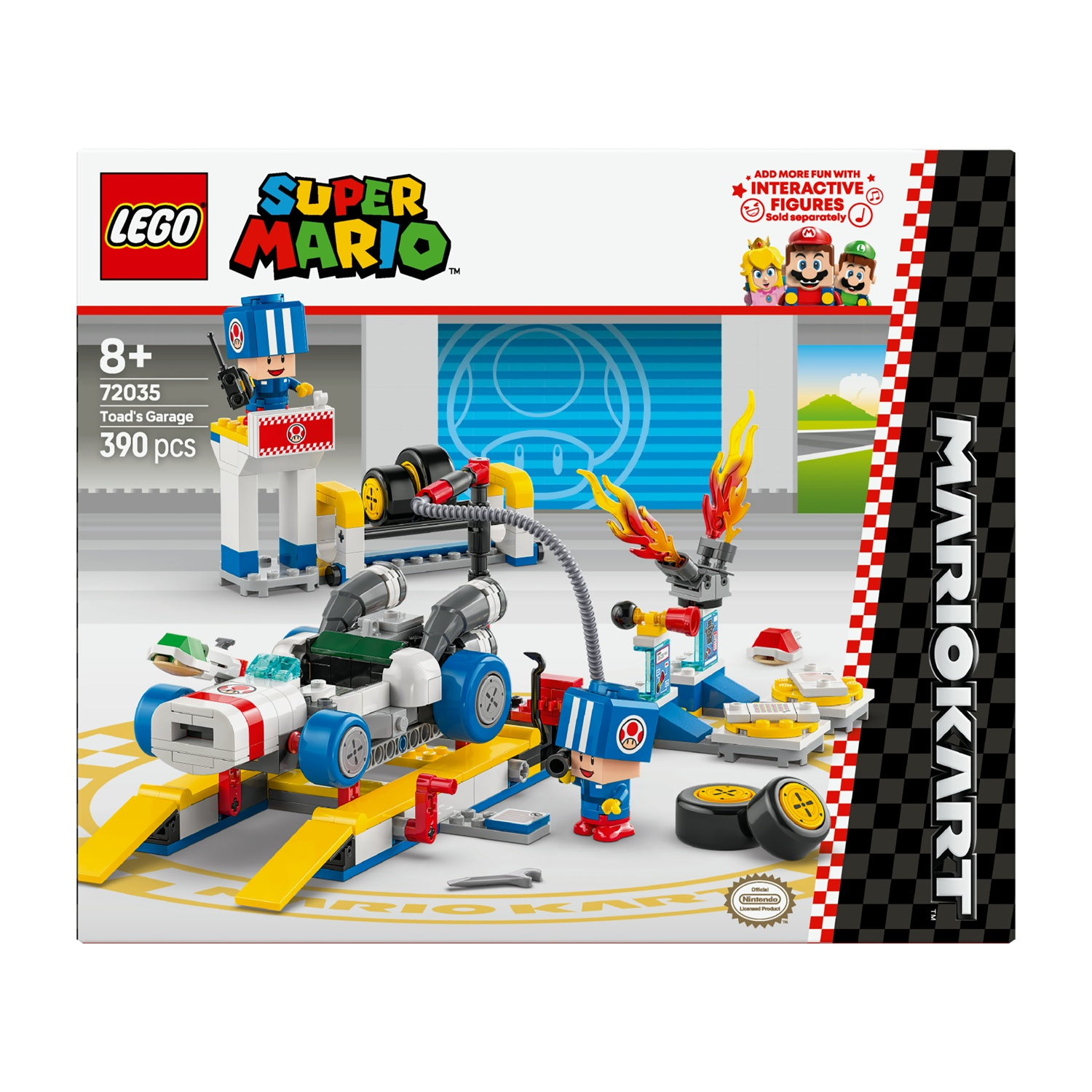 Set Lego Super Mario Toad's Garage. Include un'auto, personaggi di Toad e accessori da garage su sfondo bianco e blu.