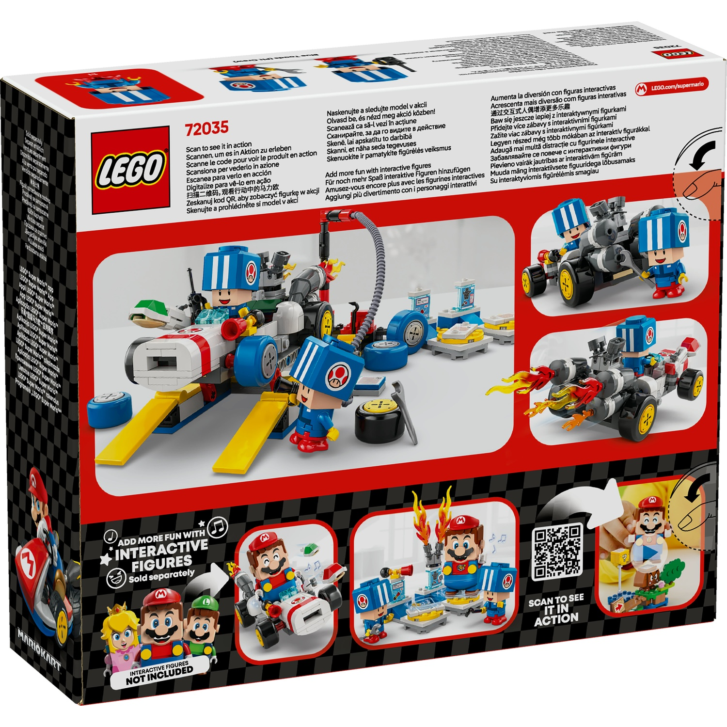 Scatola Lego con personaggi di Mario Kart. Mostra set Lego con personaggi e veicoli. Lo sfondo è rosso e bianco.