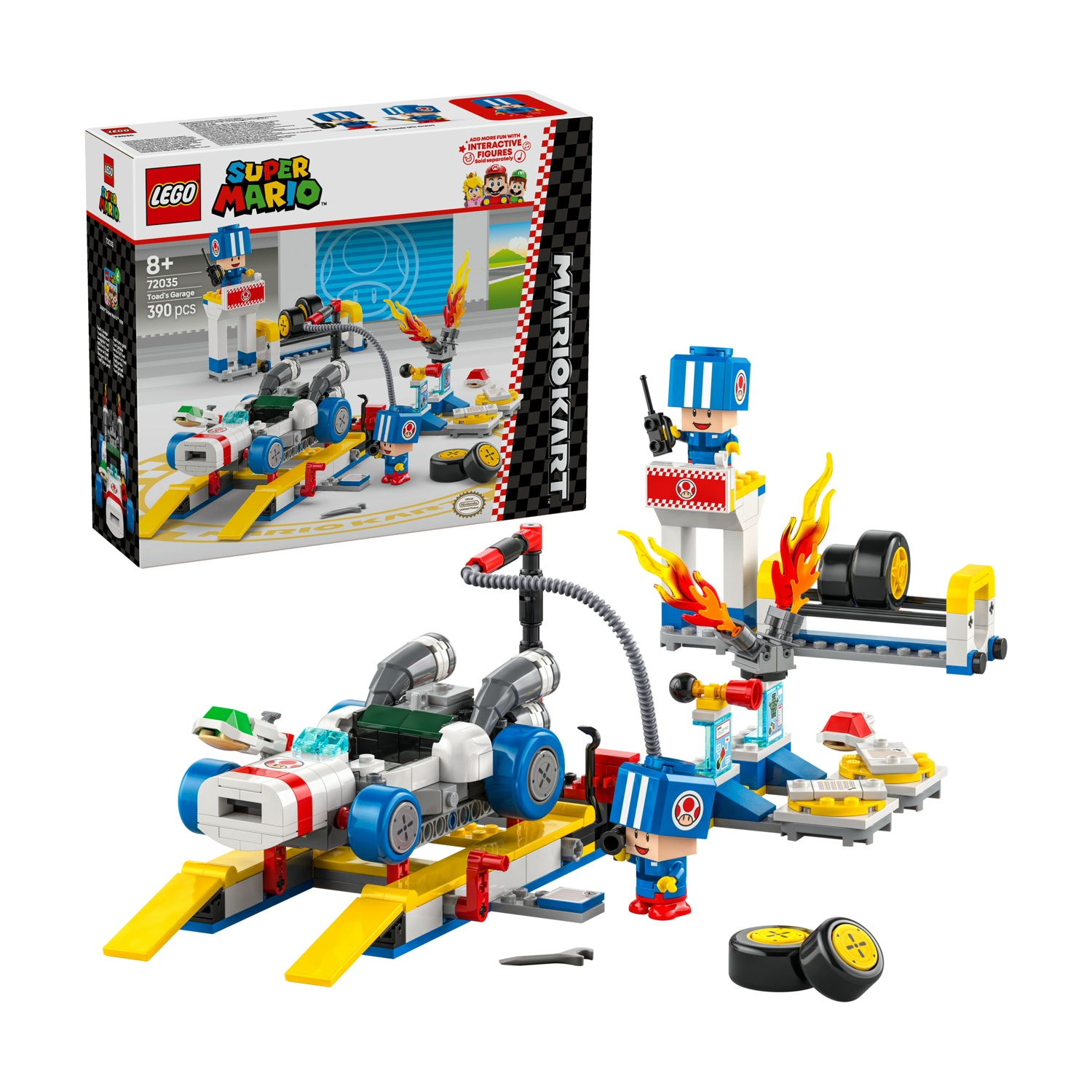 Set Lego Mario Kart con personaggi, auto da corsa, garage e accessori. Include rampe gialle, ruote e fiamme.