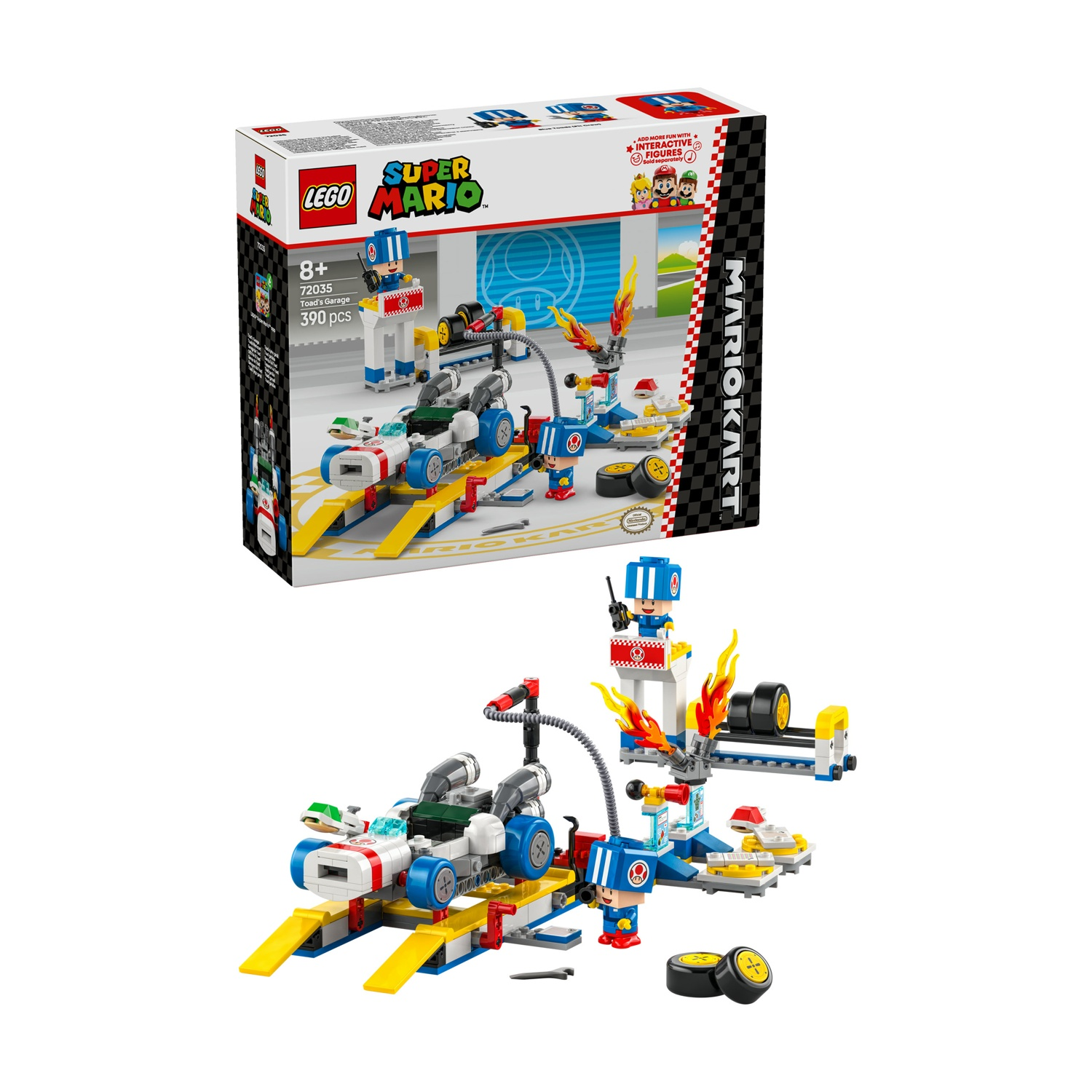 Un set Lego Super Mario Toad's Garage. Include un'auto da corsa blu e bianca, personaggi e un garage con dettagli di fuoco.