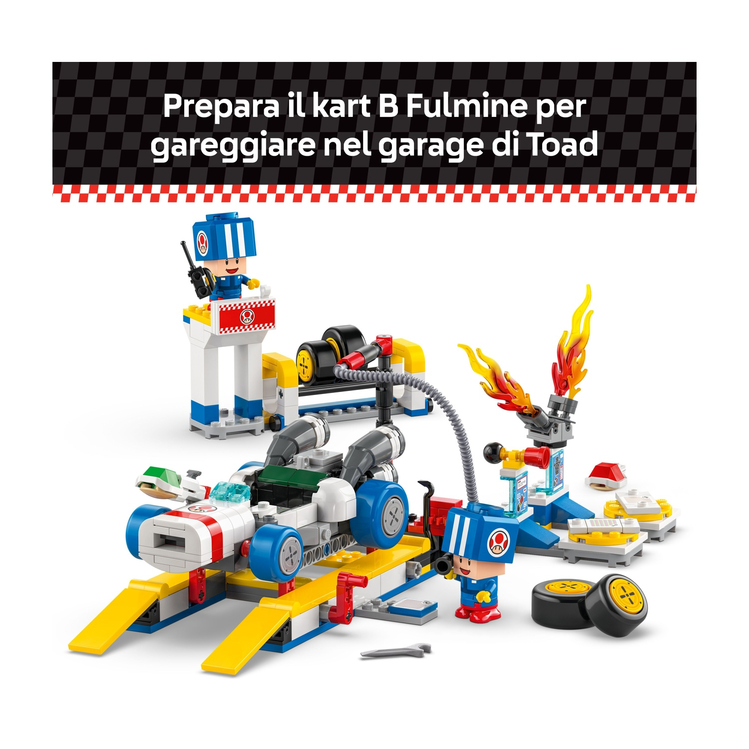 Un set Lego mostra un kart su una rampa gialla, figurine e una scena di pista con fuoco e attrezzi.