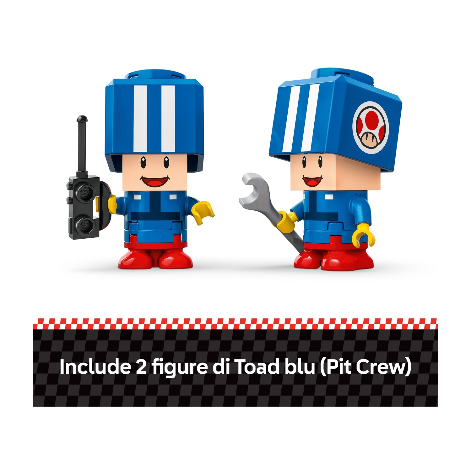Due figure blu di Toad Pit Crew. Una tiene un walkie-talkie, l'altra una chiave. Sono su uno sfondo a scacchi.
