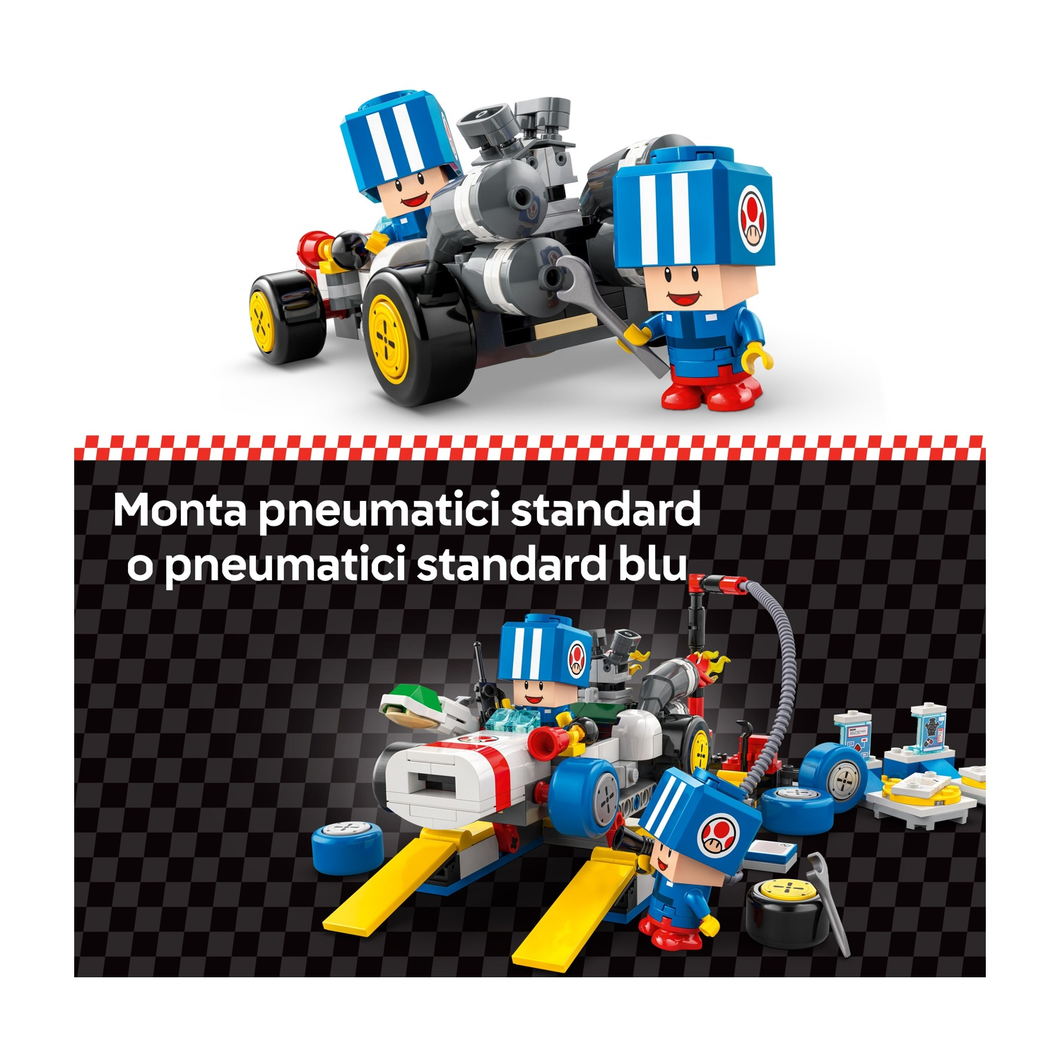 Set di giocattoli con personaggi blu e rossi, un'auto giocattolo e una stazione di cambio gomme, su sfondo a scacchi bianchi e neri.