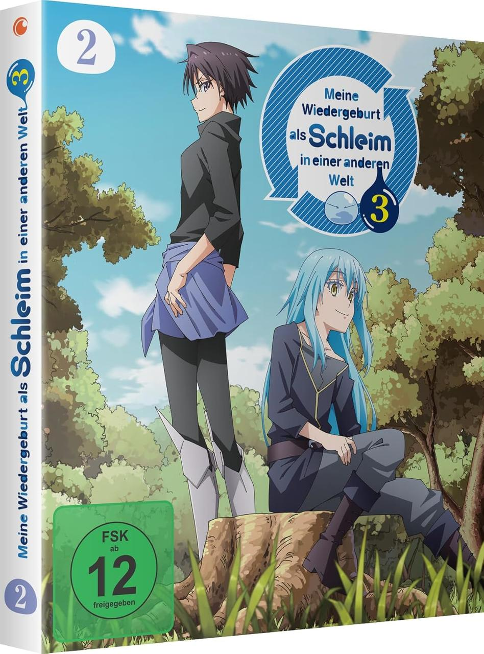 Anime-Cover mit zwei Charakteren und dem Titel "Meine Wiedergeburt als Schleim". Grüner FS12-Aufkleber. Hintergrund sind Bäume.