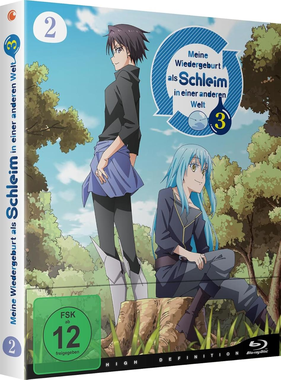 Anime-Cover mit zwei Charakteren, einem blauhaarigen und einem dunkelhaarigen. Der Titel lautet 'Meine Wiedergeburt als Schleim'.