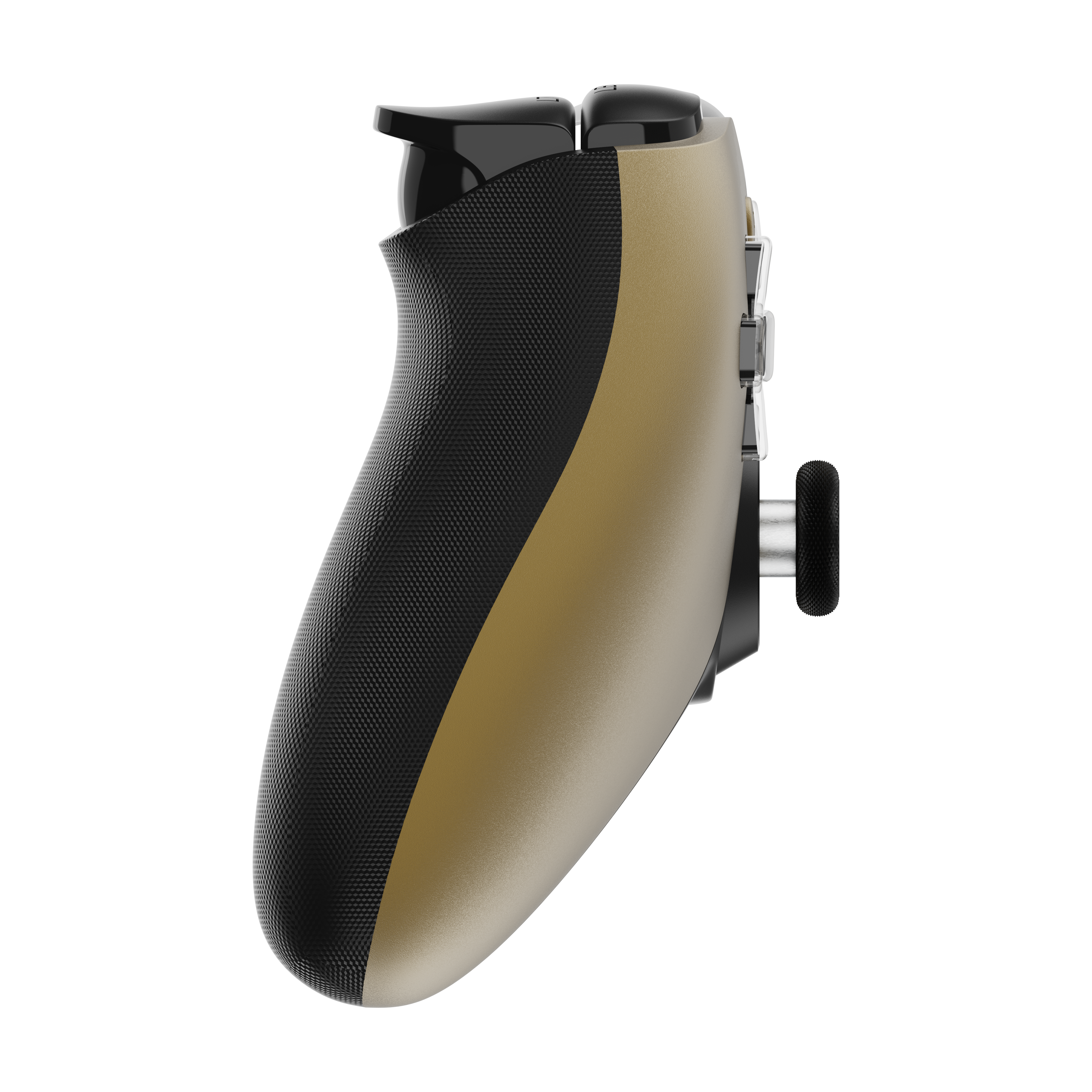 Nahaufnahme eines Gamecontrollers. Er hat einen schwarzen, strukturierten Griff, einen goldfarbenen Körper und schwarze Knöpfe. Der Hintergrund ist weiß.