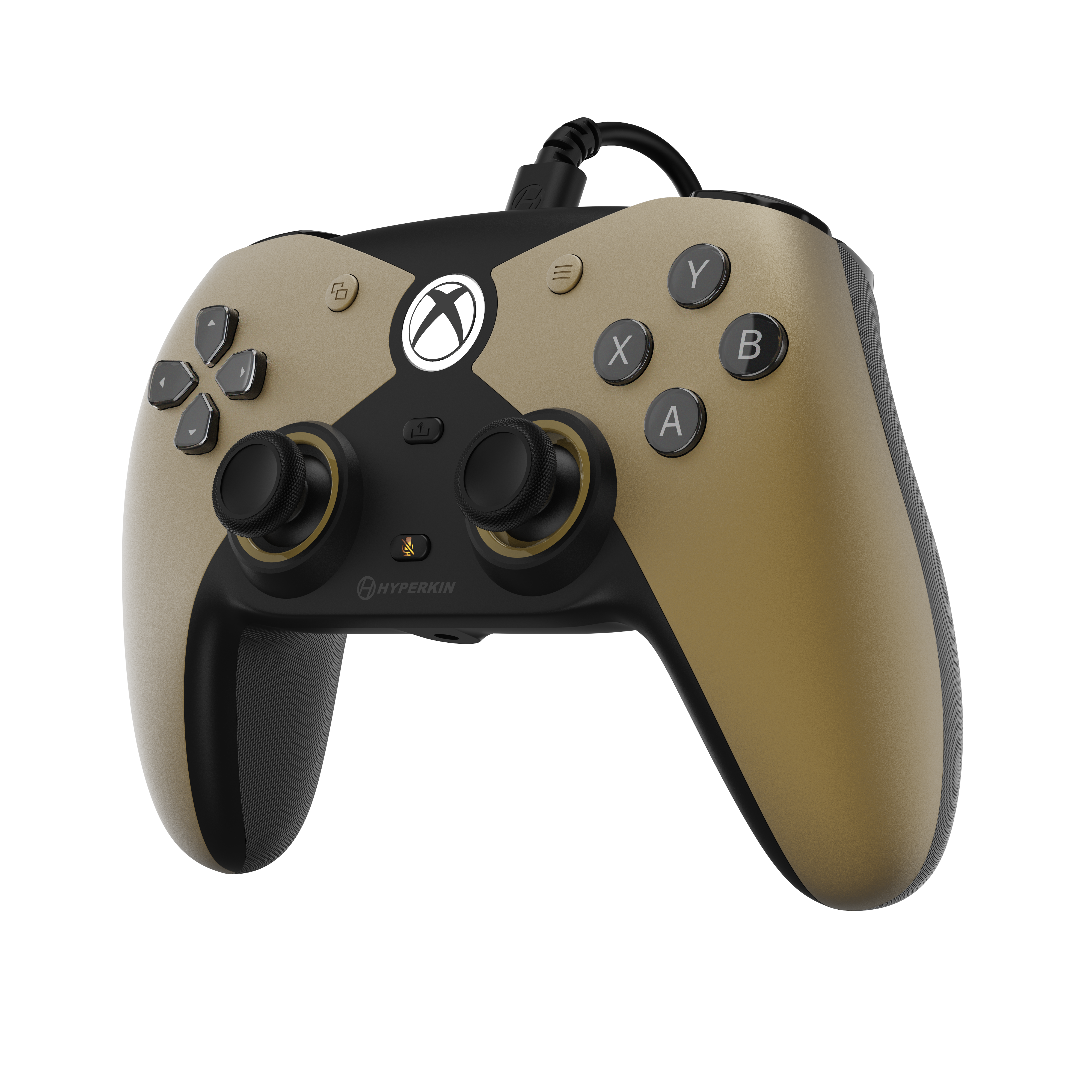 Ein Xbox-Controller in Schwarz, Gold und Weiß vor schwarzem Hintergrund. Knöpfe sind A, B, X, Y und ein Steuerkreuz.