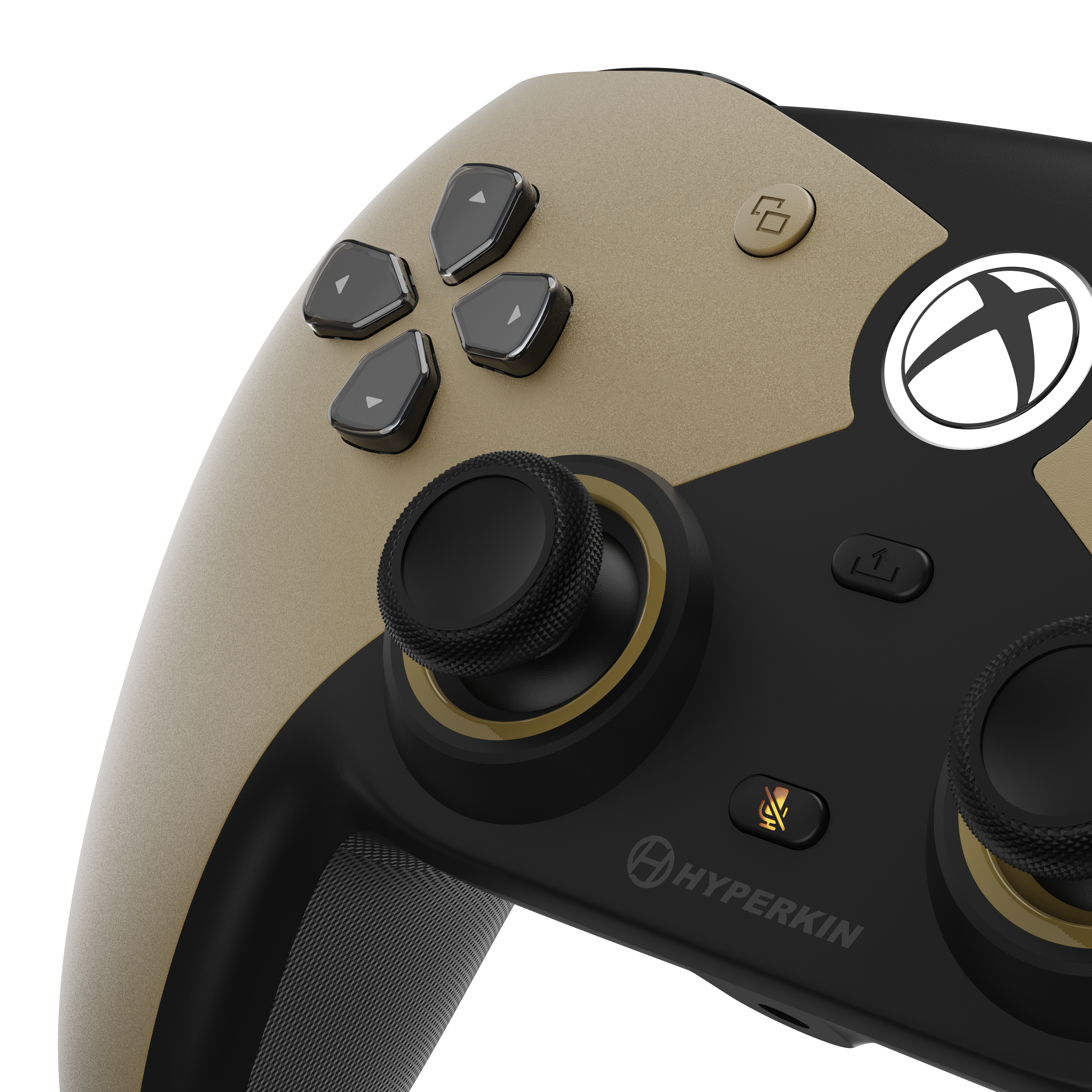 Nahaufnahme eines Xbox-Controllers. Er hat ein beige-schwarzes Farbschema. Zu den Merkmalen gehören Tasten, Joysticks und das Xbox-Logo.